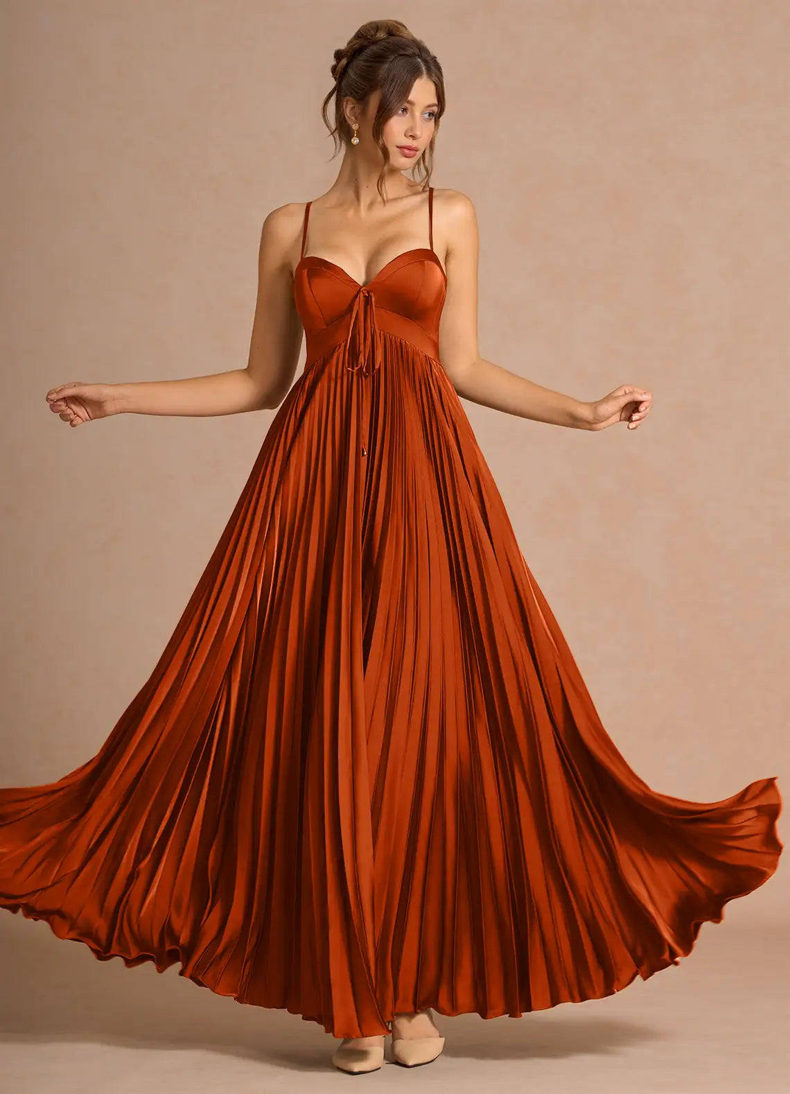 Terracotta Spaghetti Strap Sweetheart Tie Pleated Satin A-Line Maxi Bridesmaid Dress