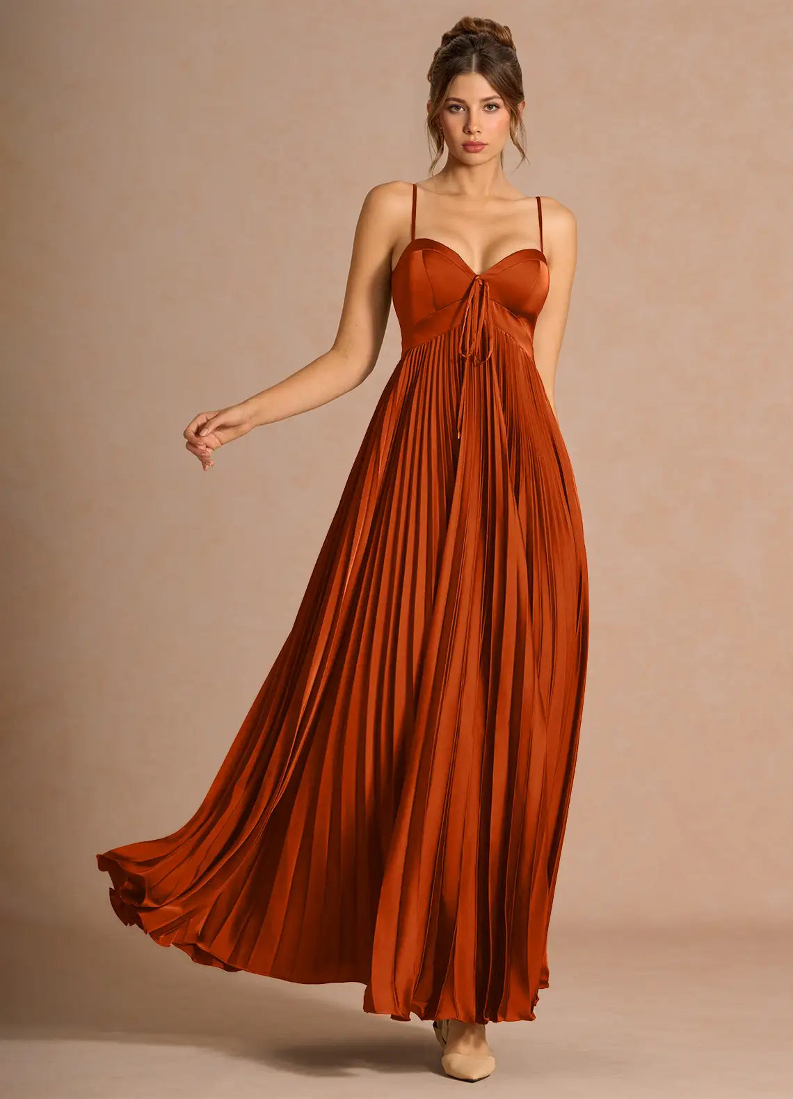 Terracotta Spaghetti Strap Sweetheart Tie Pleated Satin A-Line Maxi Bridesmaid Dress