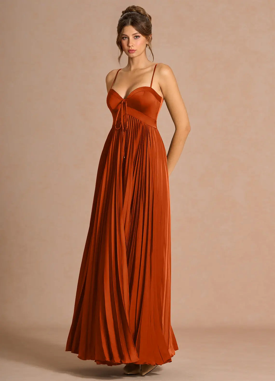 Terracotta Spaghetti Strap Sweetheart Tie Pleated Satin A-Line Maxi Bridesmaid Dress