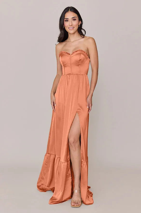 Terracotta Strapless Corset High Slit Ruffle Hem Satin Bridesmaid Dress
