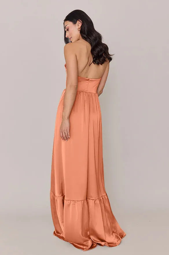 Terracotta Strapless Corset High Slit Ruffle Hem Satin Bridesmaid Dress