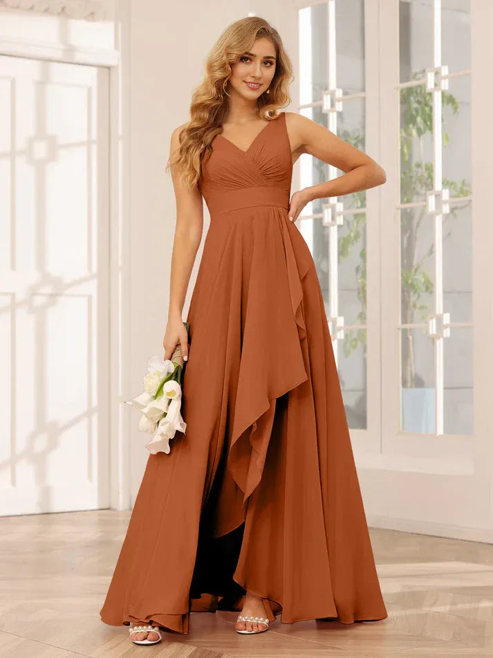 Terracotta Chiffon Sleeveless Cross‑Pleated Ruffled High‑Slit A‑Line Bridesmaid Dresses