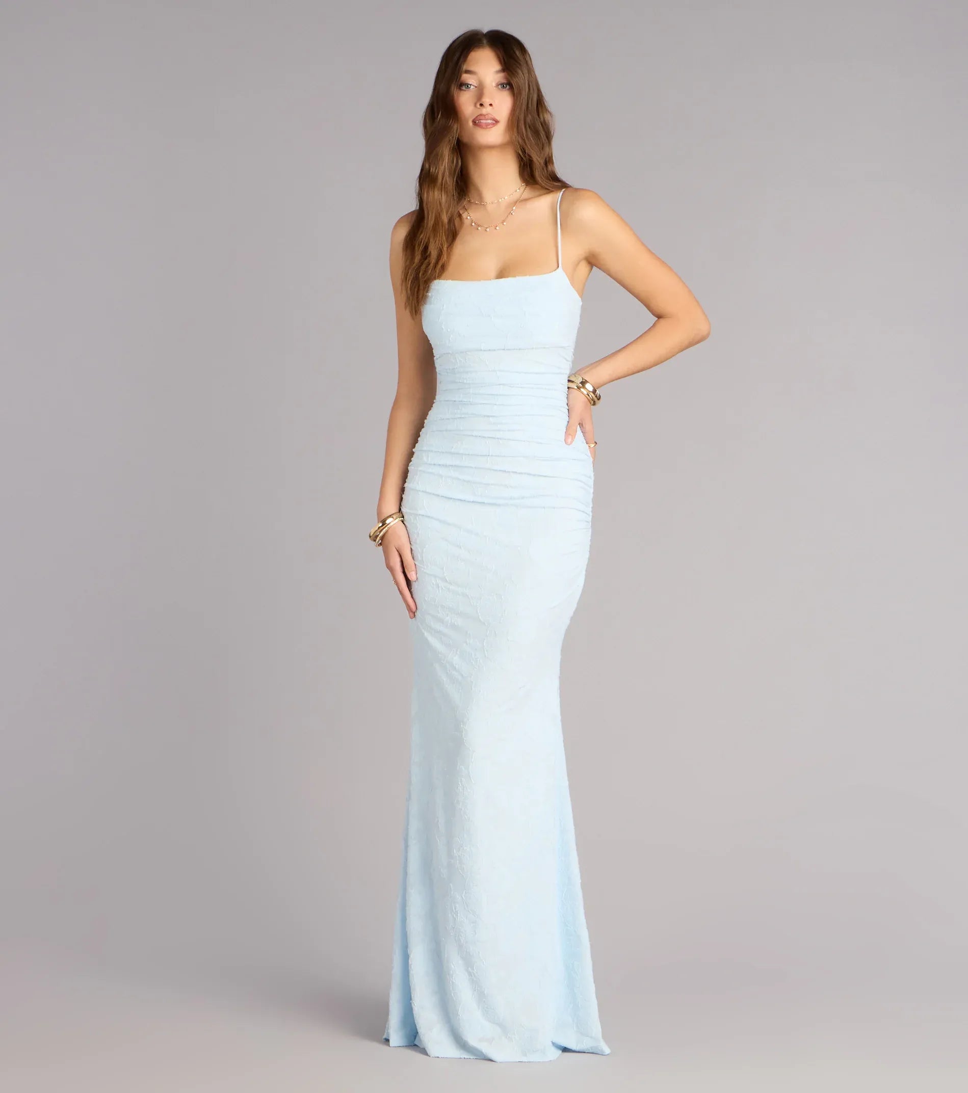 Textured Mermaid Square Spaghetti Zip-Back Maxi Wedding Guest Dress