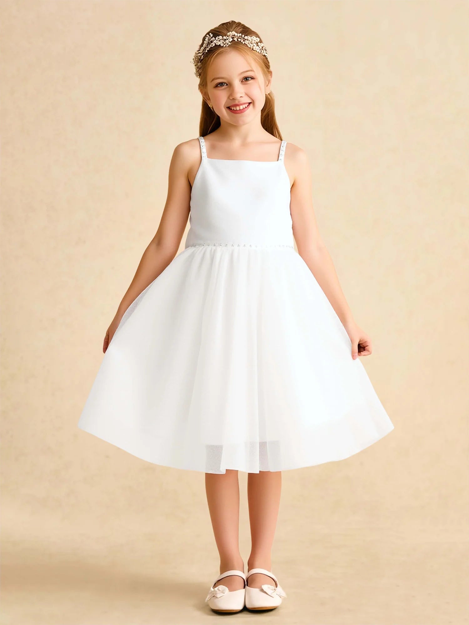 Thin Beaded Strap Square V Back Big Bow White Tulle Short Flower Girl Dresses