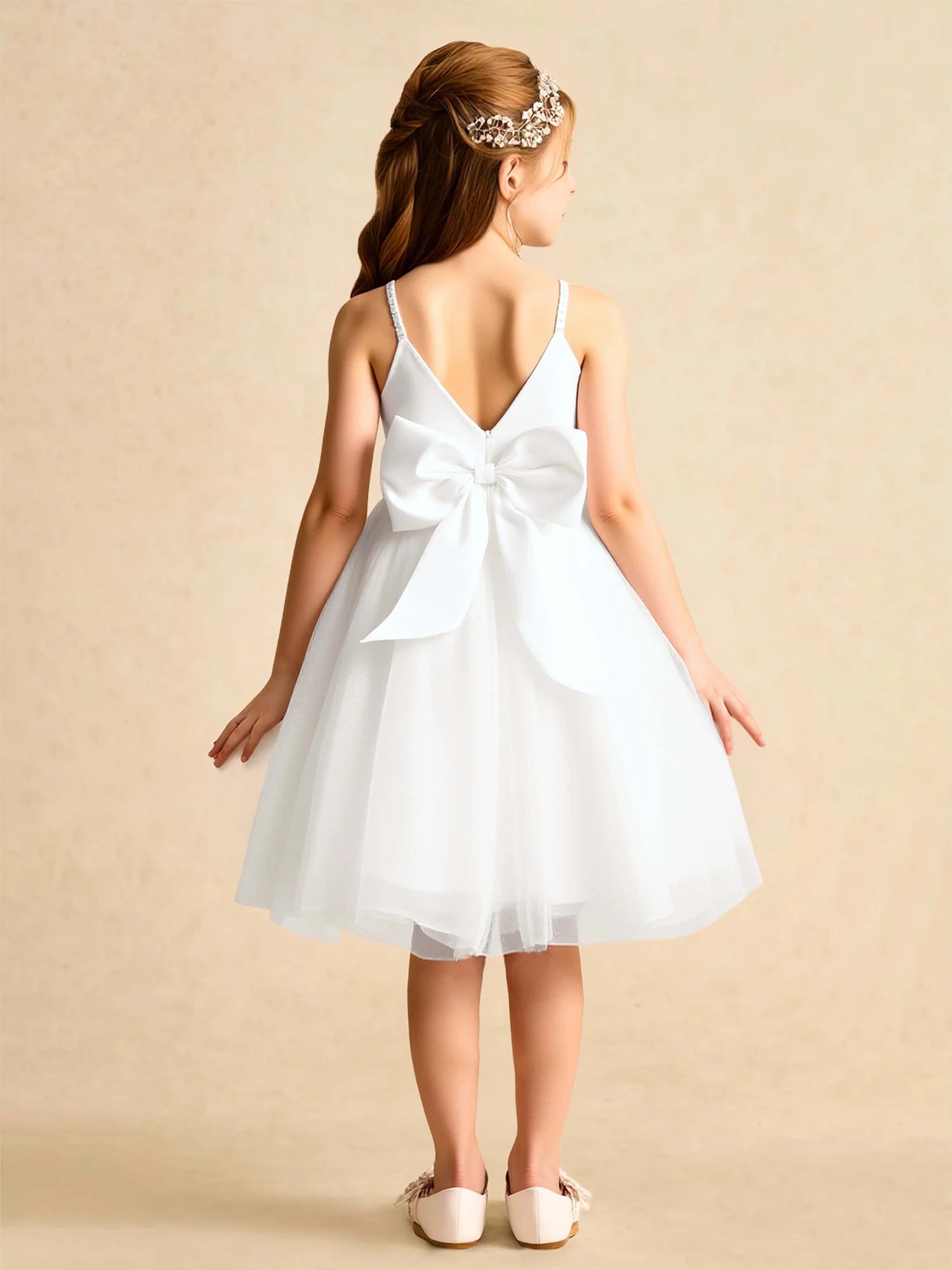 Thin Beaded Strap Square V Back Big Bow White Tulle Short Flower Girl Dresses