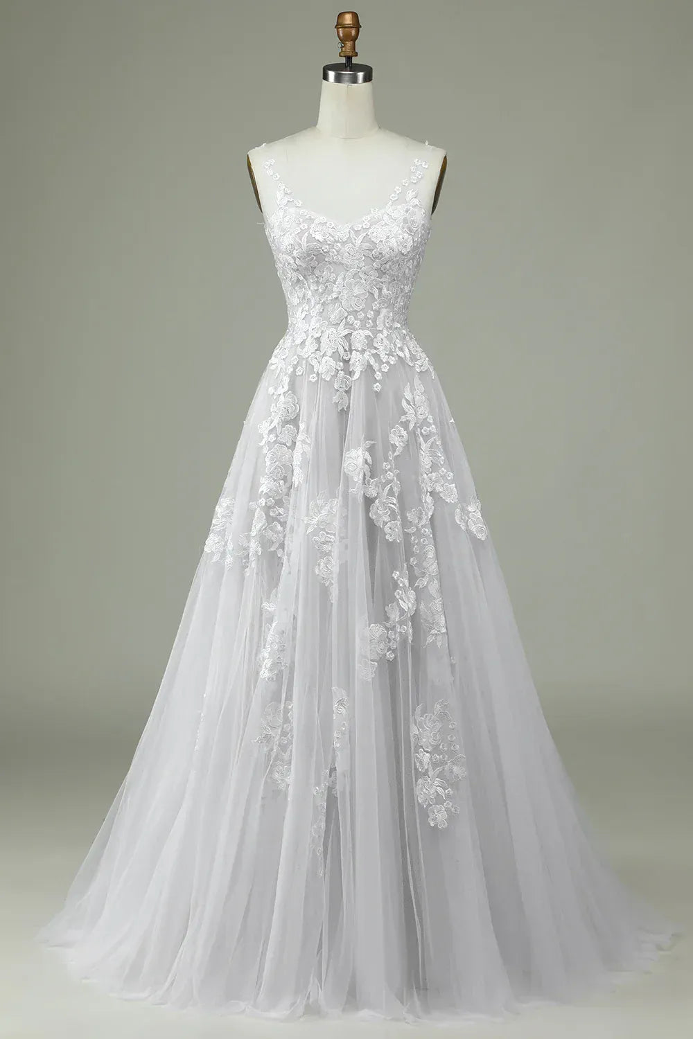 Thin Floral Spaghetti Strap V Neck Lace Tulle A-Line Wedding Dress With Deep V Back Train