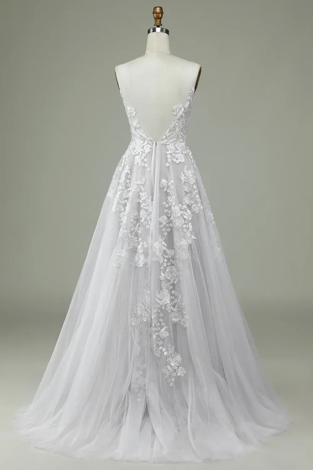 Thin Floral Spaghetti Strap V Neck Lace Tulle A-Line Wedding Dress With Deep V Back Train
