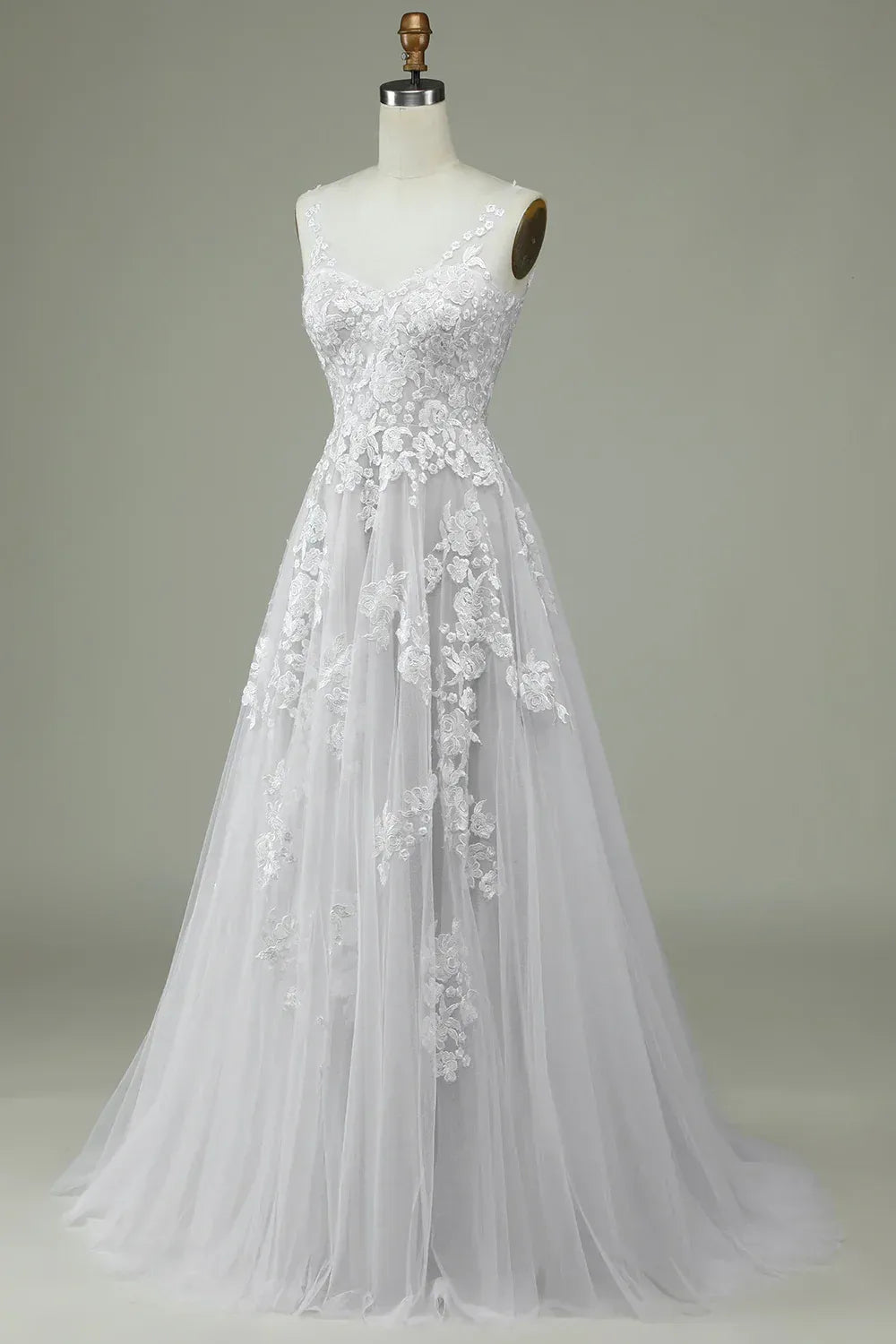 Thin Floral Spaghetti Strap V Neck Lace Tulle A-Line Wedding Dress With Deep V Back Train