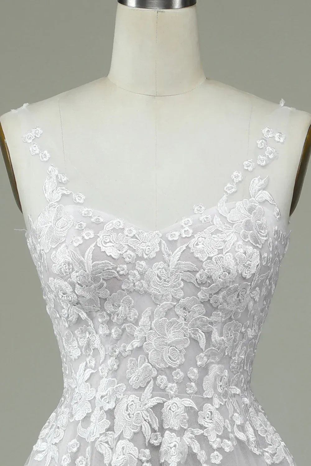 Thin Floral Spaghetti Strap V Neck Lace Tulle A-Line Wedding Dress With Deep V Back Train