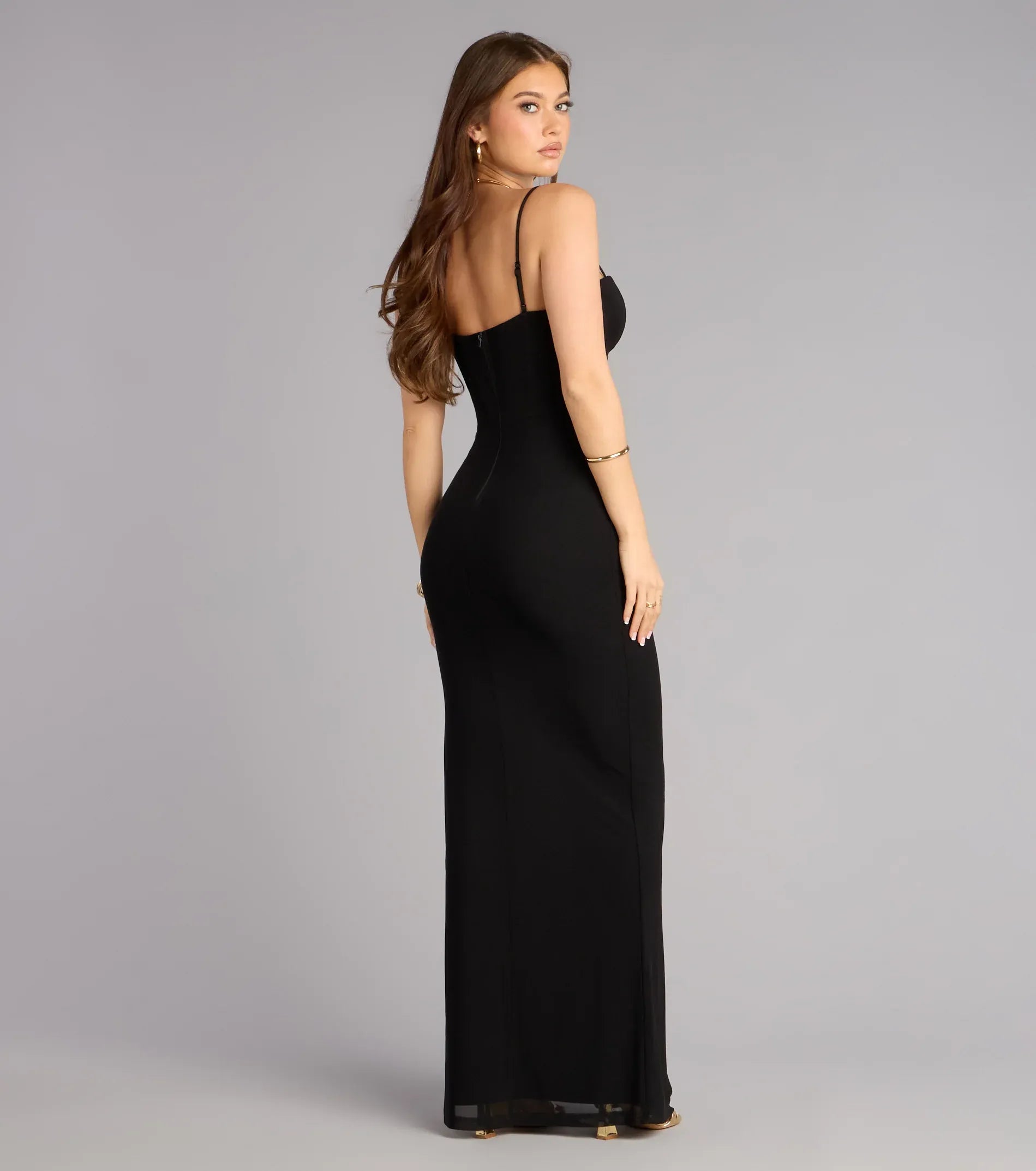 Thin Spaghetti Bustier Cutout High Slit Solid Black Mermaid Maxi Wedding Guest Dress