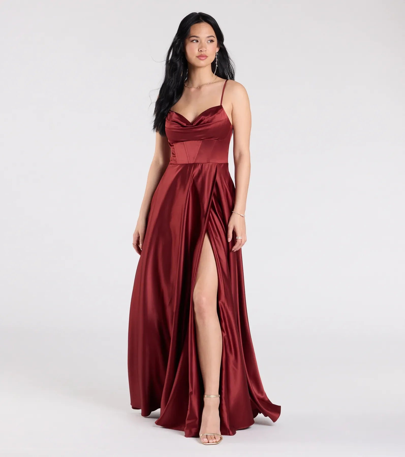 Thin Spaghetti Cowl Neck Corset Waist High Slit Pockets Burgundy Satin A-Line Maxi Wedding Guest Dress