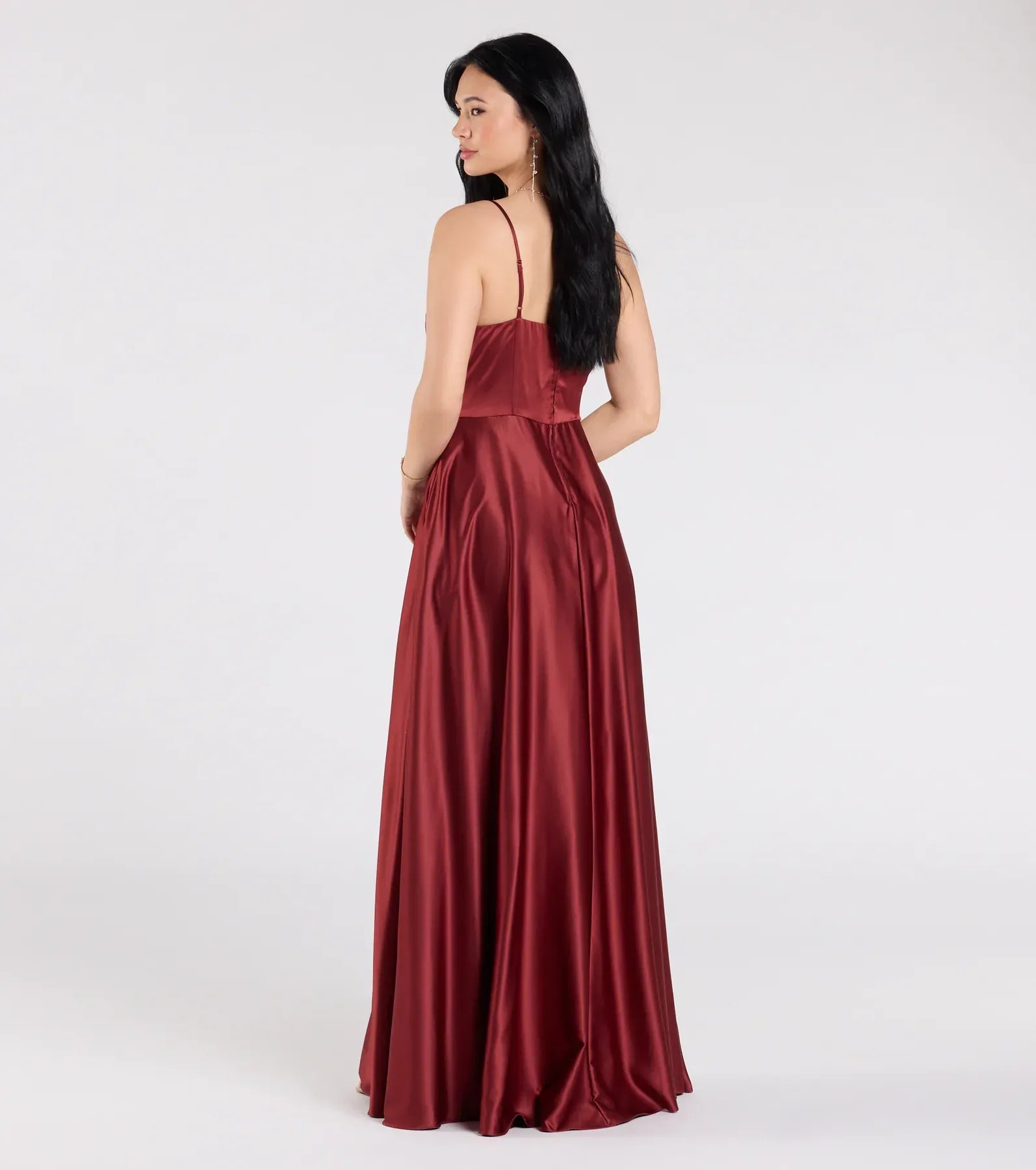 Thin Spaghetti Cowl Neck Corset Waist High Slit Pockets Burgundy Satin A-Line Maxi Wedding Guest Dress