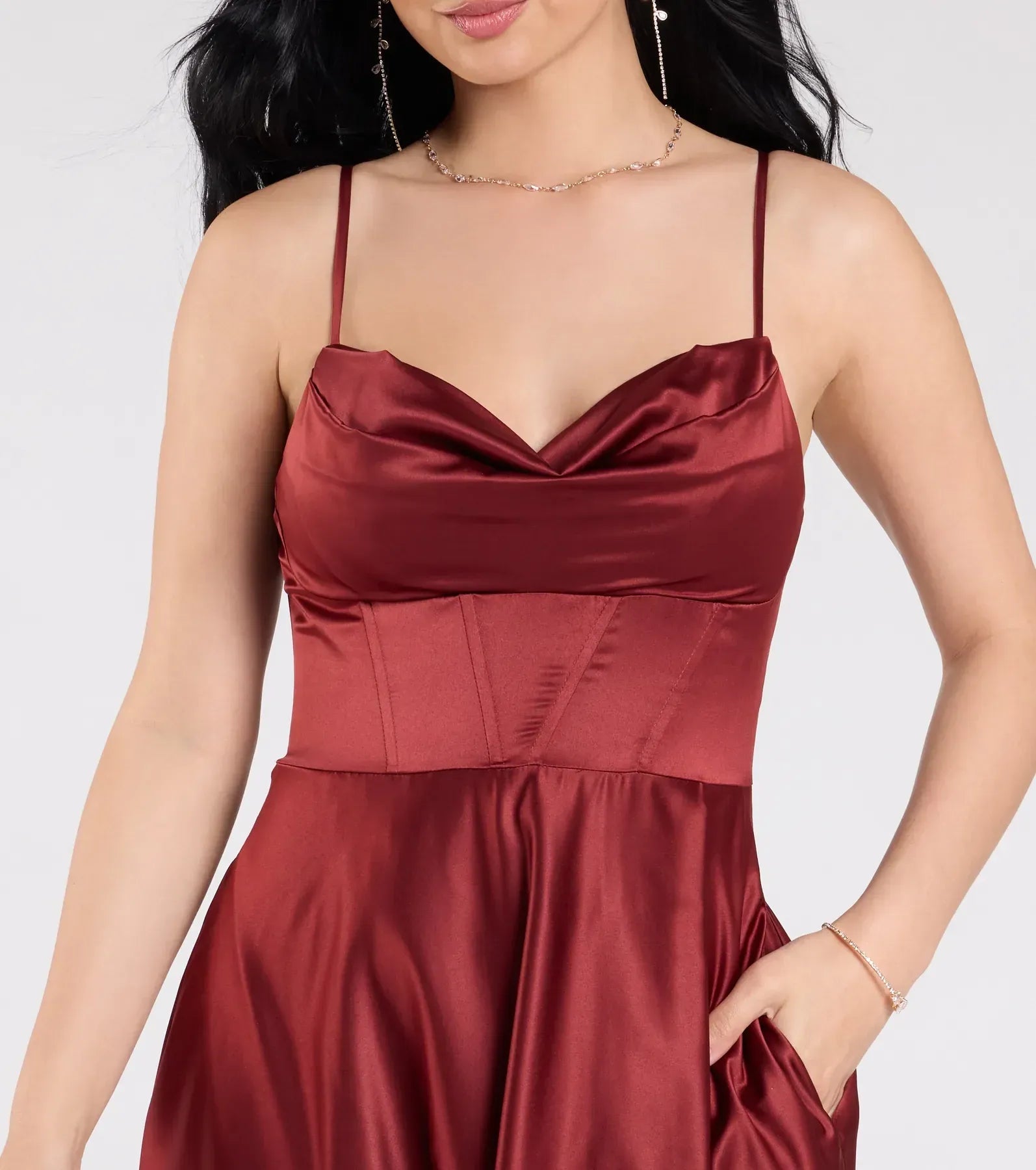 Thin Spaghetti Cowl Neck Corset Waist High Slit Pockets Burgundy Satin A-Line Maxi Wedding Guest Dress