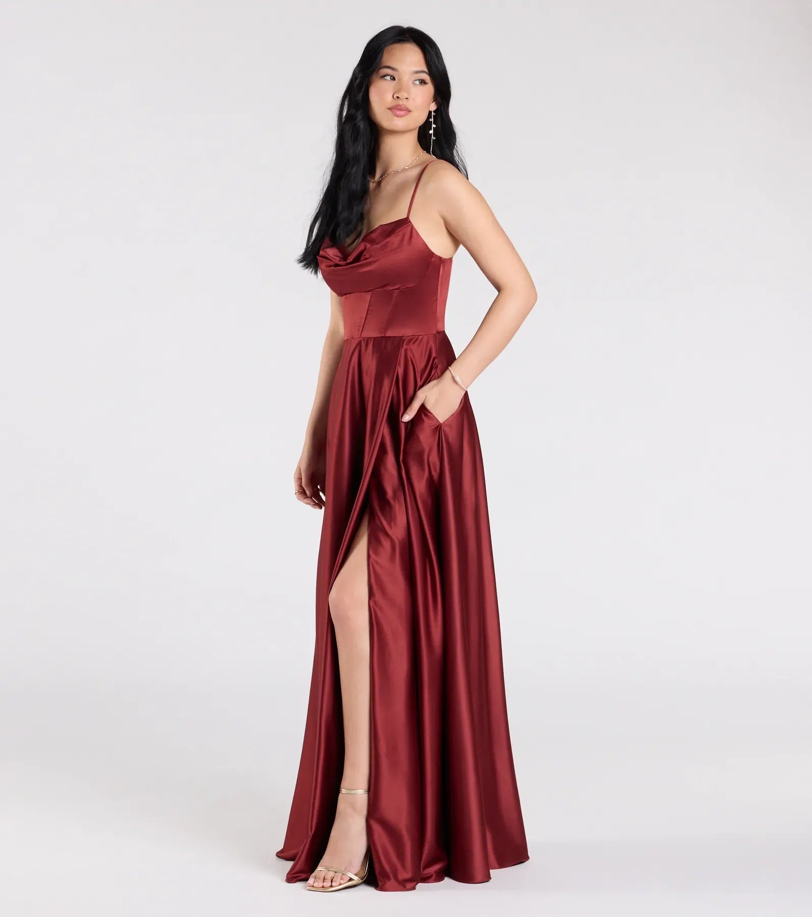 Thin Spaghetti Cowl Neck Corset Waist High Slit Pockets Burgundy Satin A-Line Maxi Wedding Guest Dress