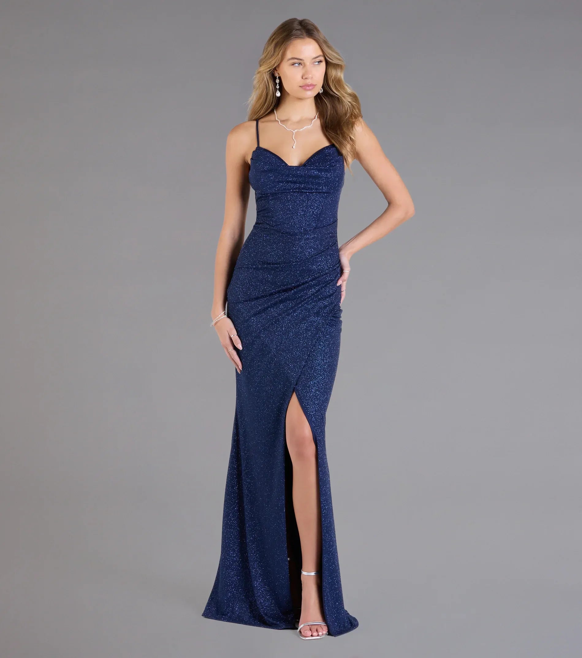 Thin Spaghetti Cowl Neck Side Ruched Glitter Knit High Slit Mermaid Maxi Wedding Guest Dress