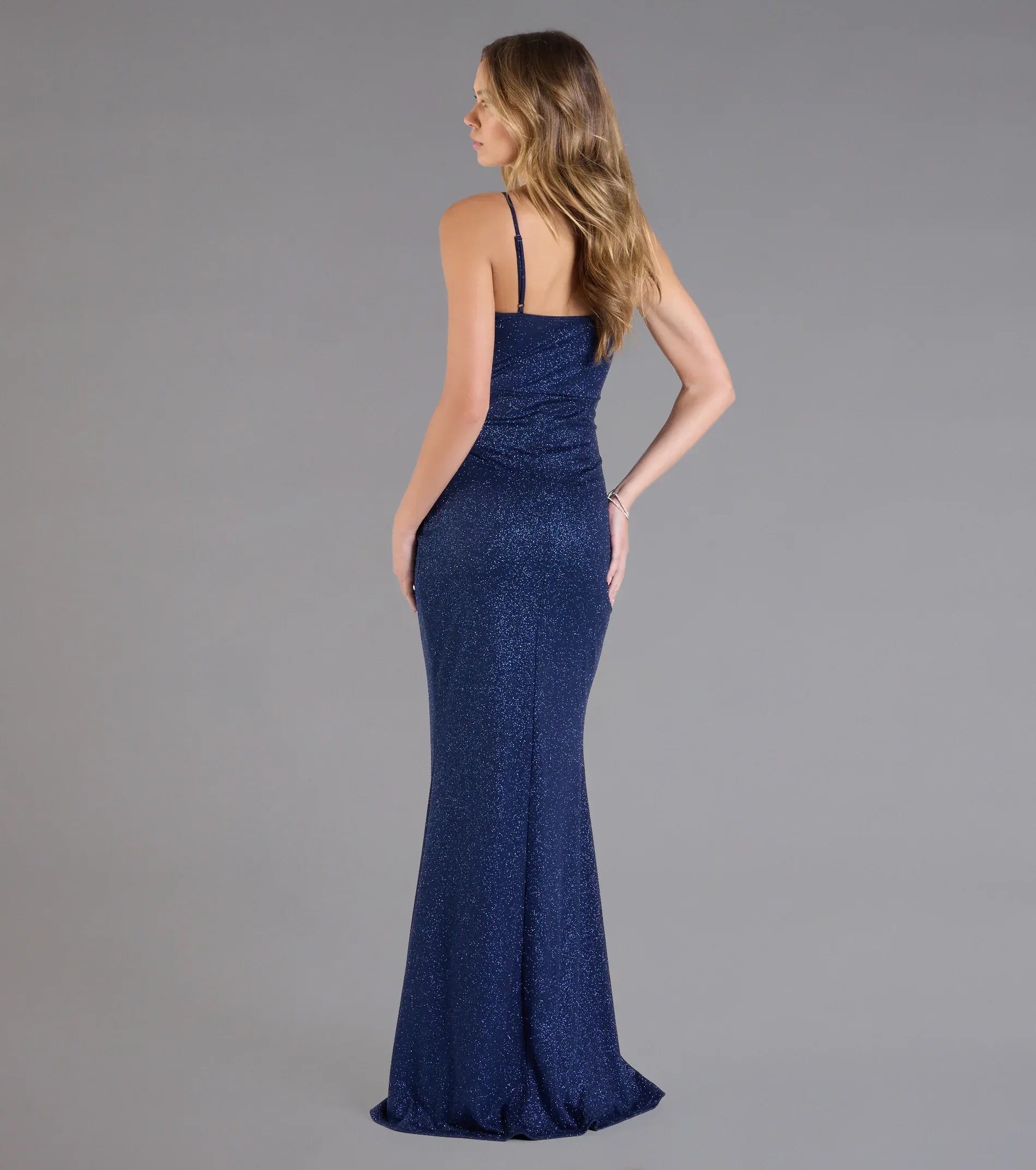 Thin Spaghetti Cowl Neck Side Ruched Glitter Knit High Slit Mermaid Maxi Wedding Guest Dress