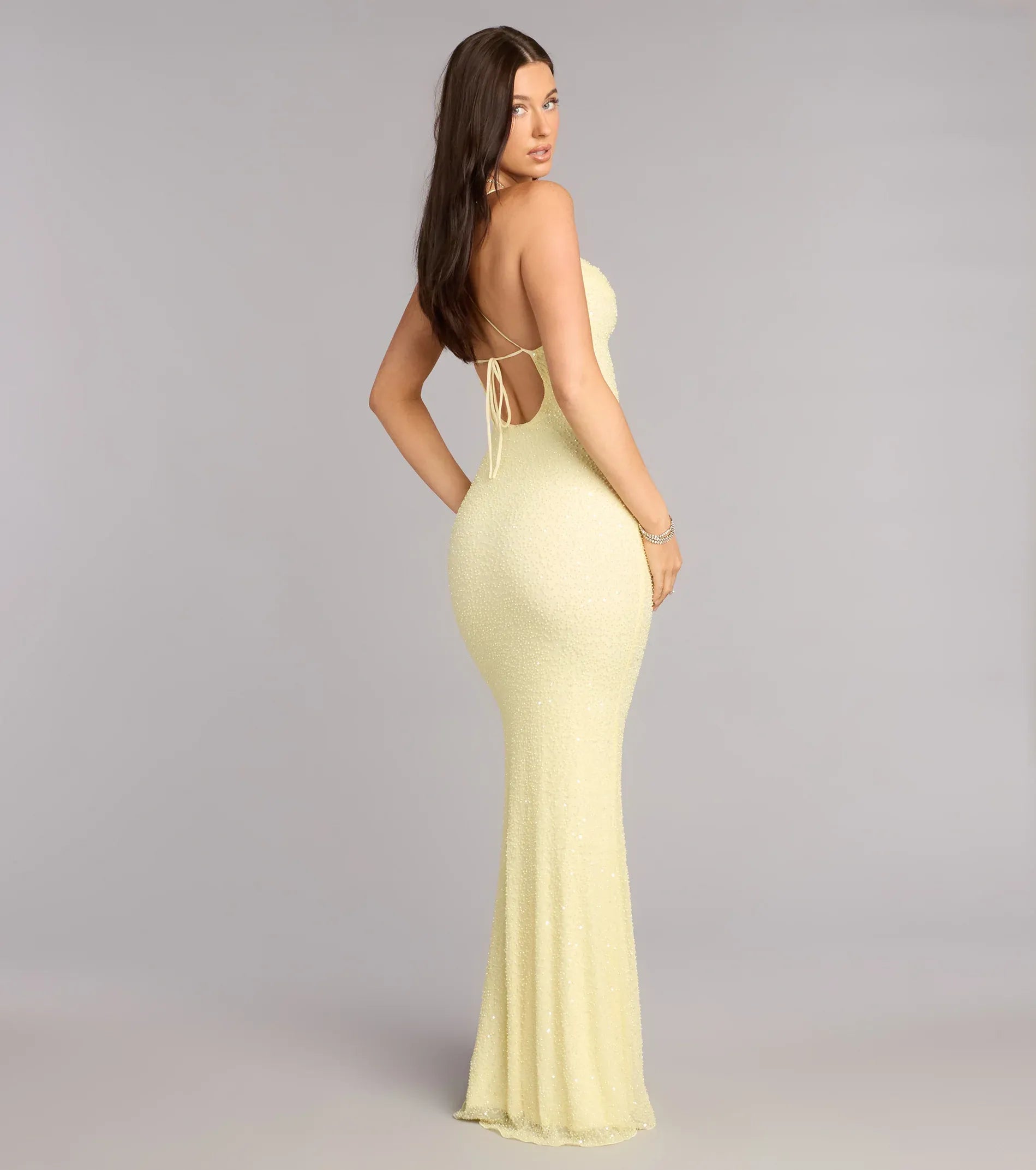 Thin Spaghetti Cowl Neck Tie Back All Over Rhinestone Pale Yellow Mermaid Maxi Wedding Guest Dresses