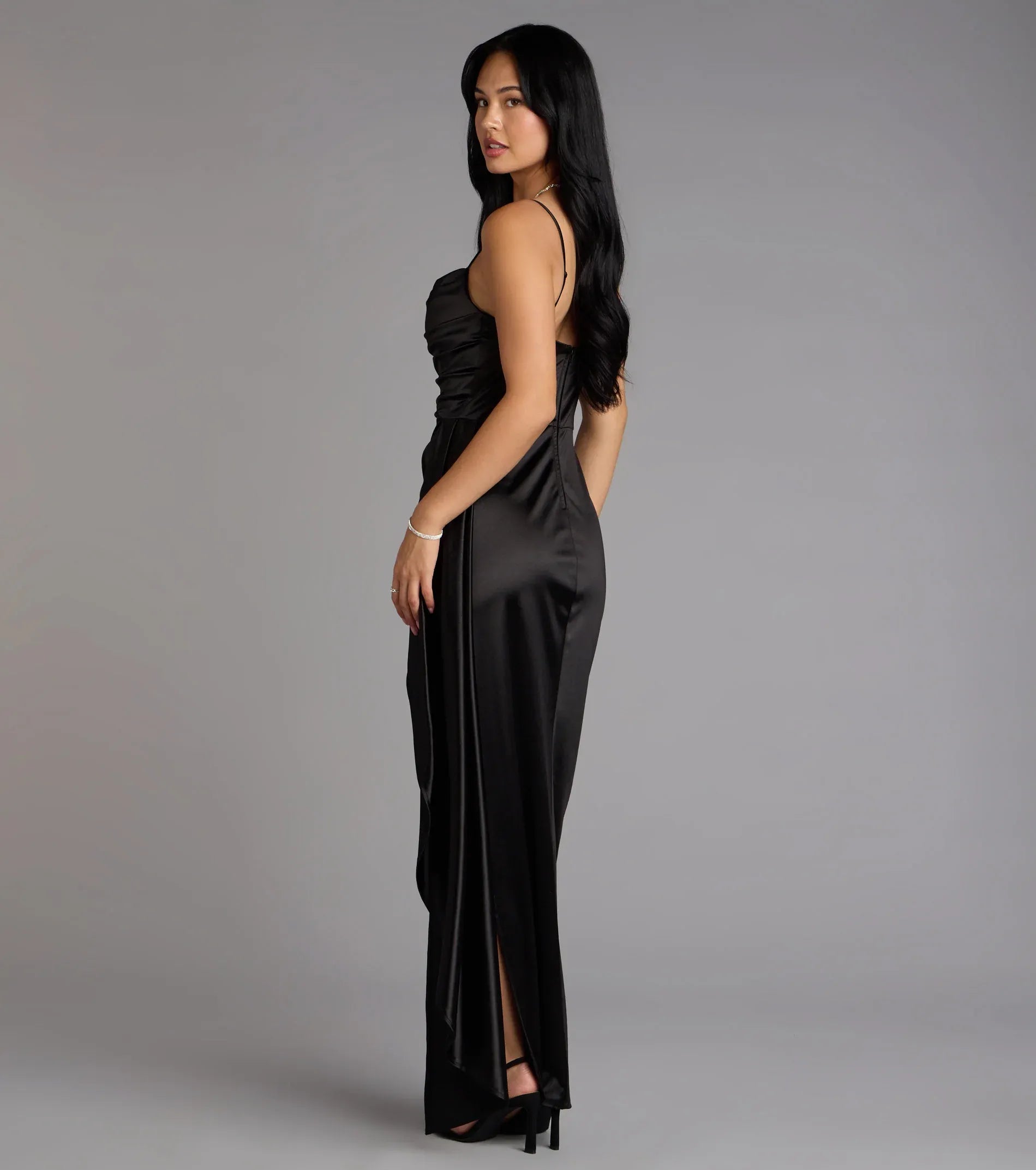 Thin Spaghetti Cowl Ruched Side Sash High Slit Black Satin Mermaid Maxi Wedding Guest Dress