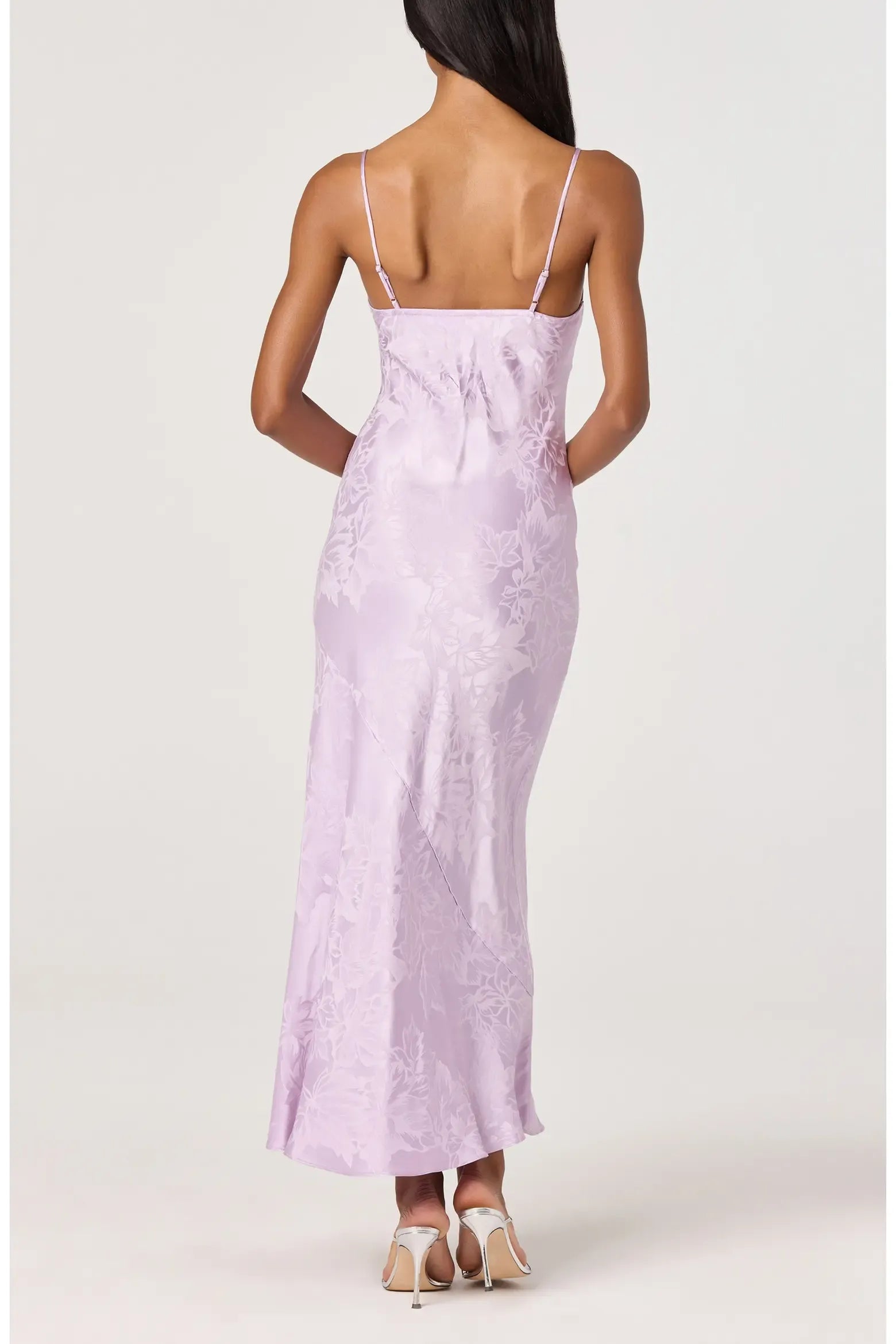 Thin Spaghetti Notch Sweetheart Floral Jacquard Plain Back Plain Slit Lilac Satin Midi Wedding Guest Dresses