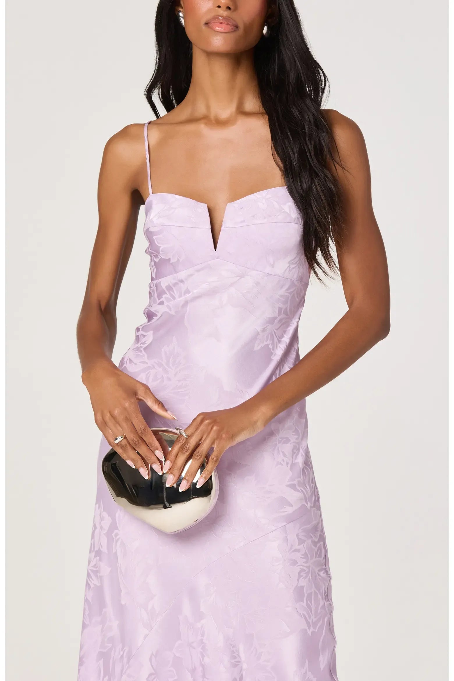 Thin Spaghetti Notch Sweetheart Floral Jacquard Plain Back Plain Slit Lilac Satin Midi Wedding Guest Dresses