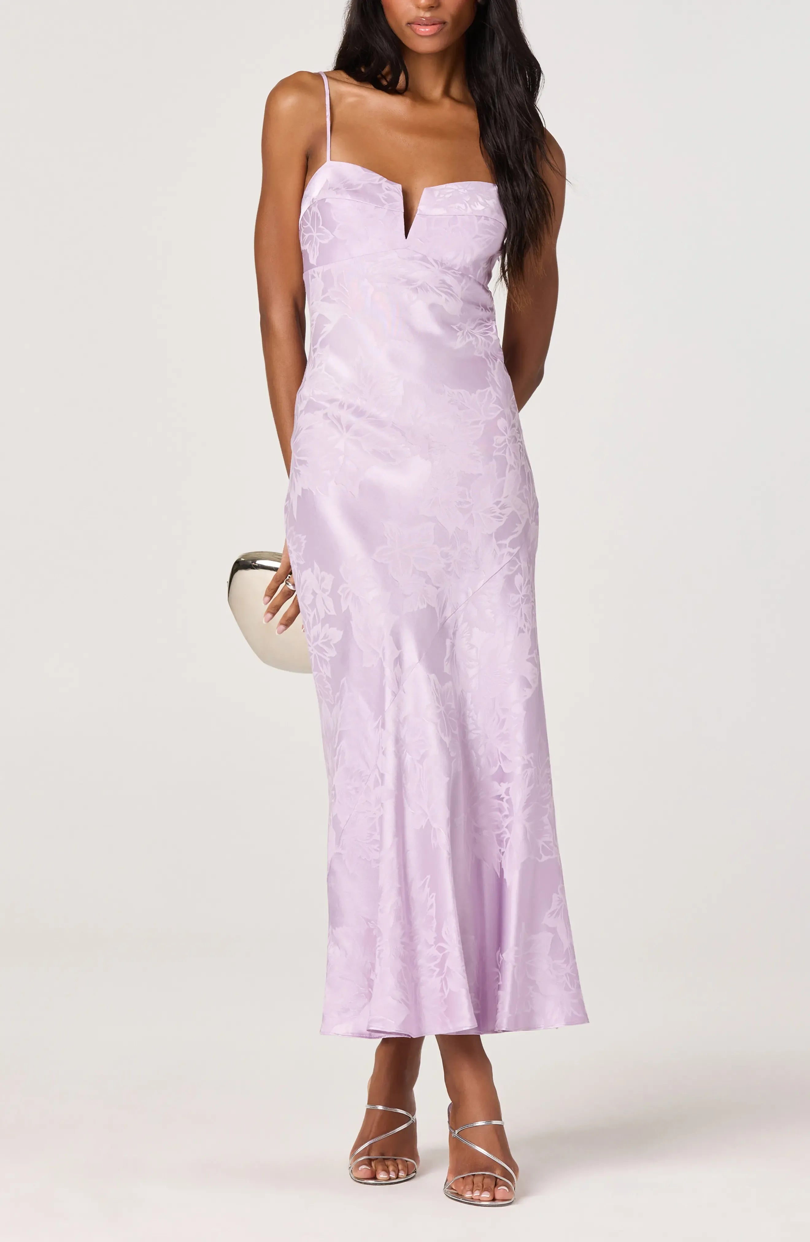 Thin Spaghetti Notch Sweetheart Floral Jacquard Plain Back Plain Slit Lilac Satin Midi Wedding Guest Dresses