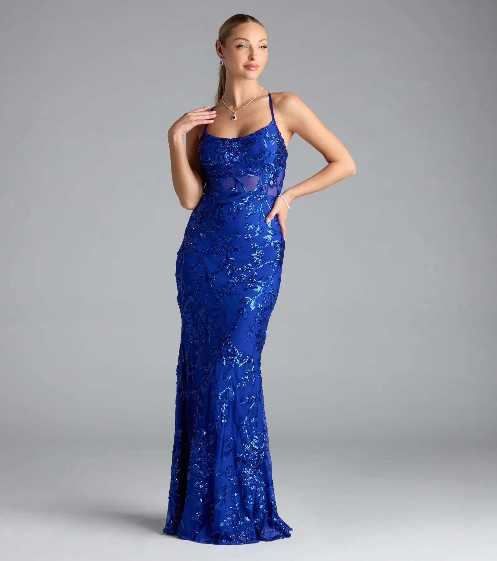 Thin Spaghetti Square Neck Crisscross Back Plain Slit Royal Blue Floral Sequin Mermaid Maxi Wedding Guest Dresses