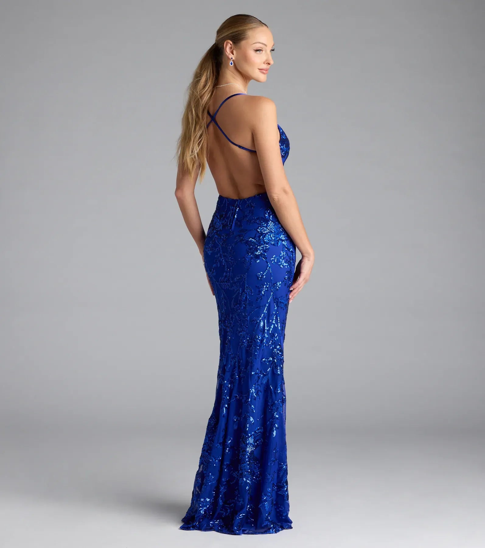 Thin Spaghetti Square Neck Crisscross Back Plain Slit Royal Blue Floral Sequin Mermaid Maxi Wedding Guest Dresses