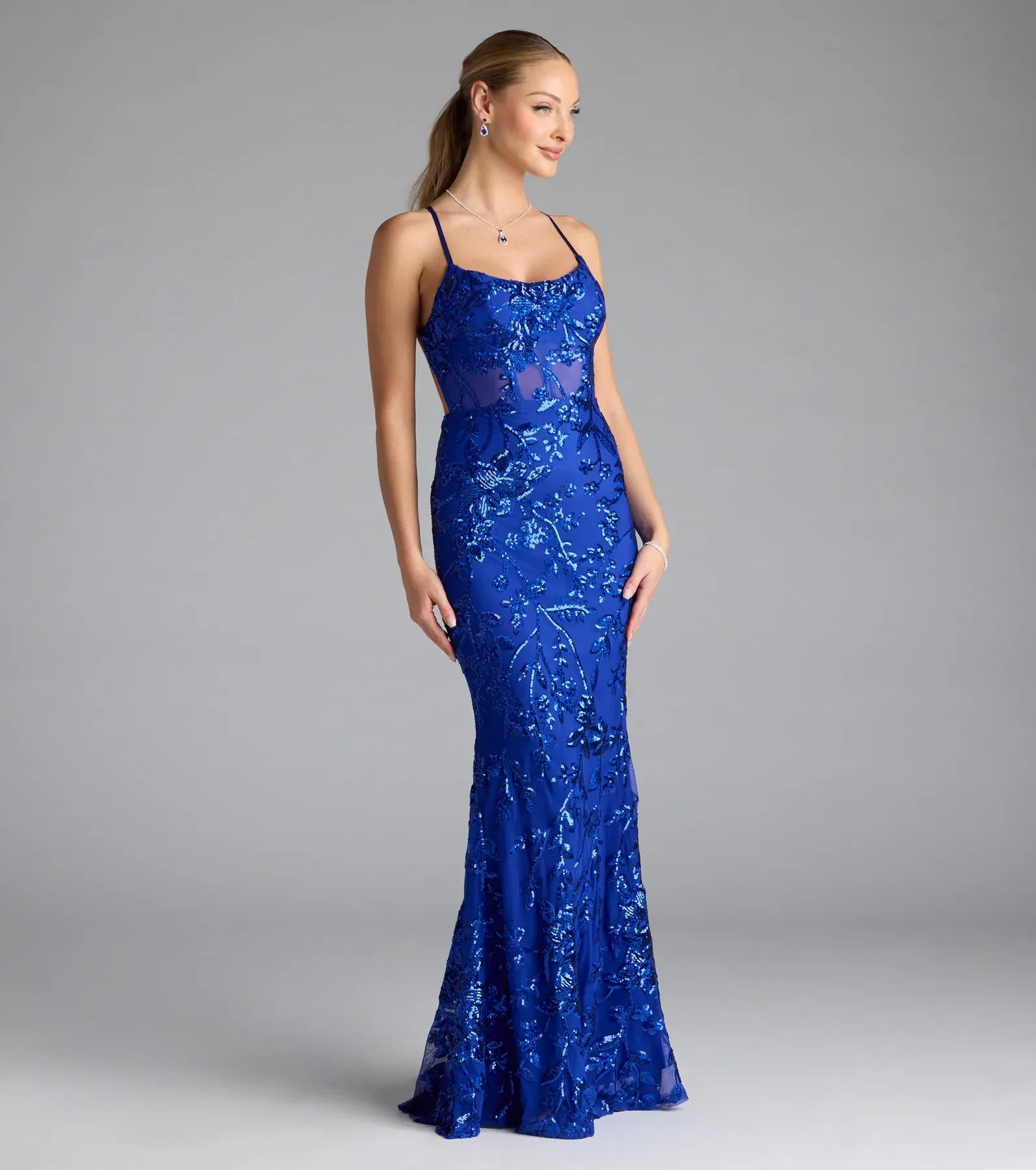 Thin Spaghetti Square Neck Crisscross Back Plain Slit Royal Blue Floral Sequin Mermaid Maxi Wedding Guest Dresses