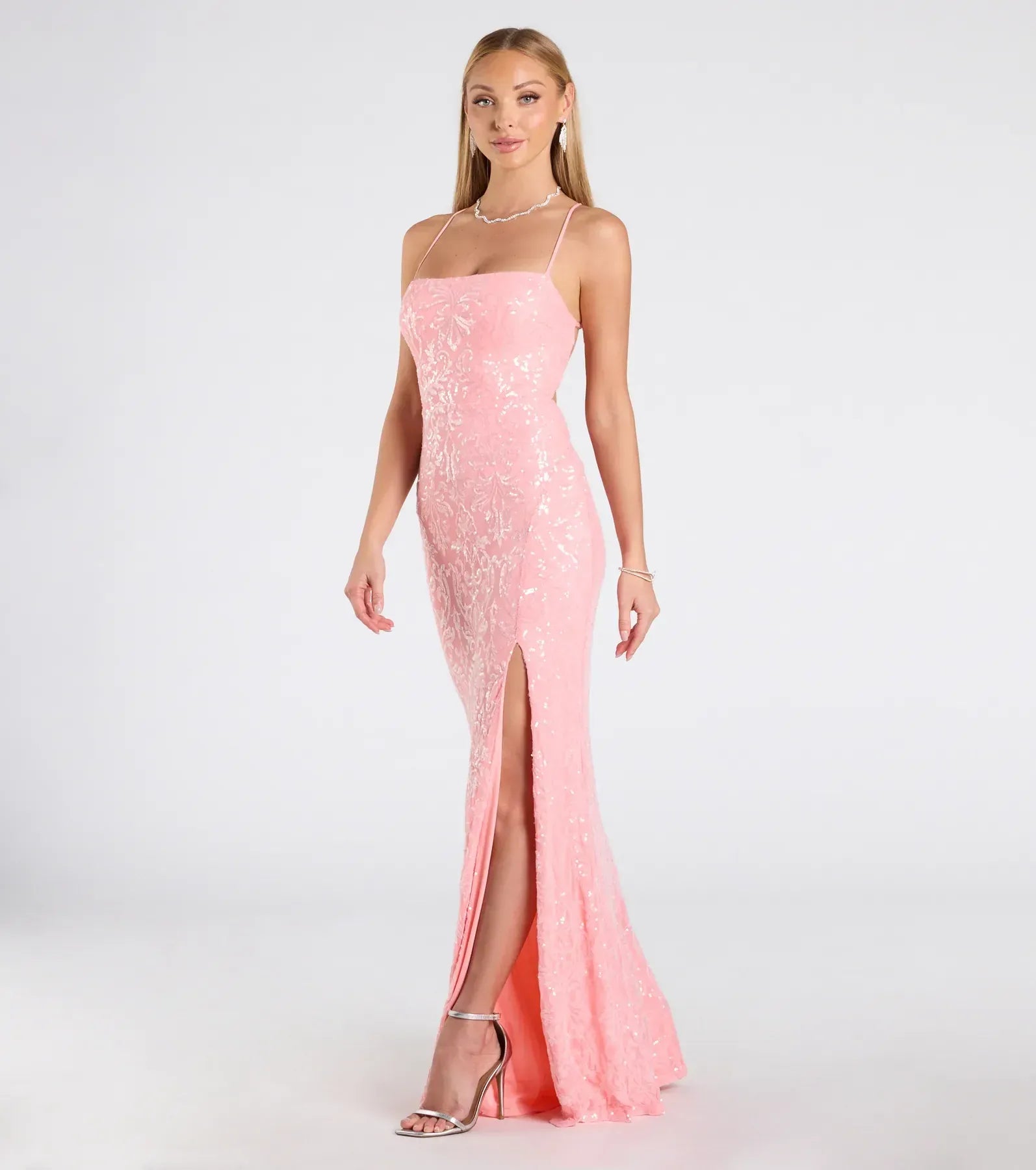 Thin Spaghetti Square Neck Lace-Up Back High Slit Pink Sequin Mermaid Maxi Wedding Guest Dresses