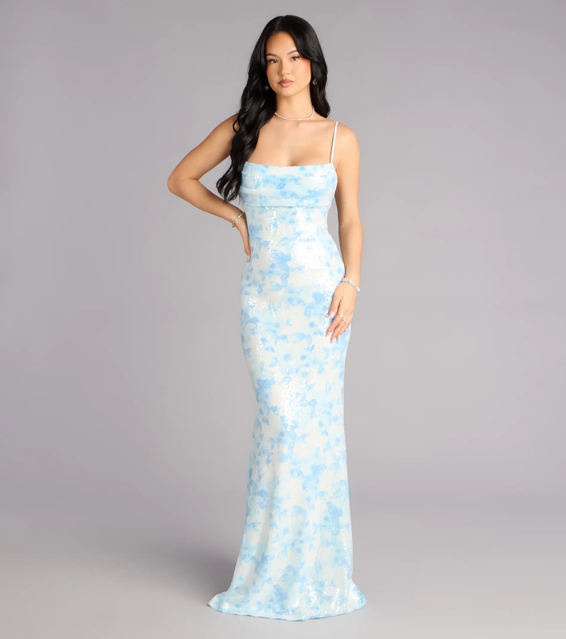 Thin Spaghetti Straight Neck Back Cutout Blue Floral Print Sequin Mermaid Maxi Wedding Guest Dress