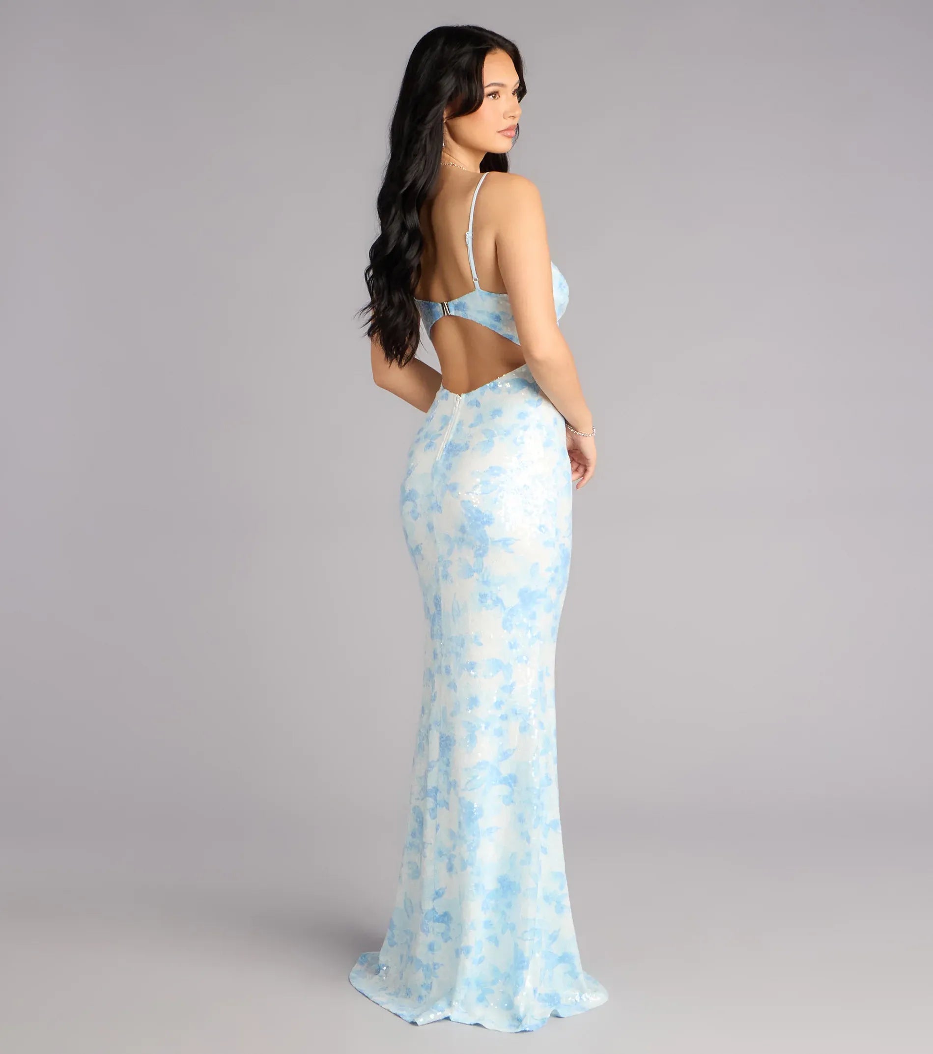 Thin Spaghetti Straight Neck Back Cutout Blue Floral Print Sequin Mermaid Maxi Wedding Guest Dress