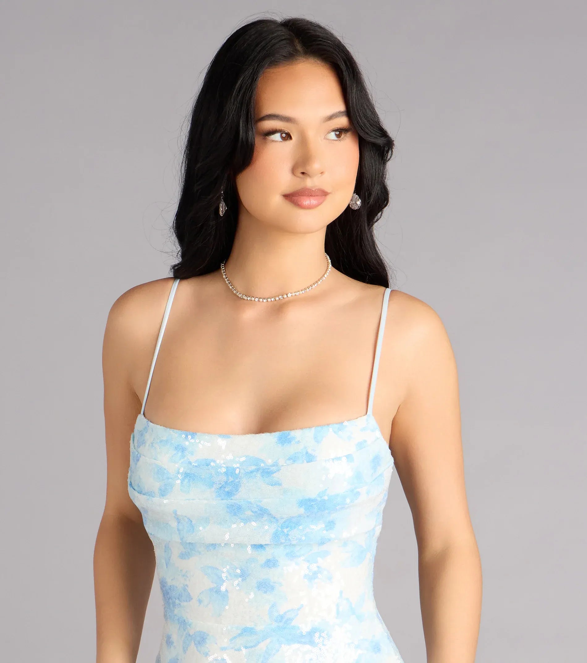 Thin Spaghetti Straight Neck Back Cutout Blue Floral Print Sequin Mermaid Maxi Wedding Guest Dress