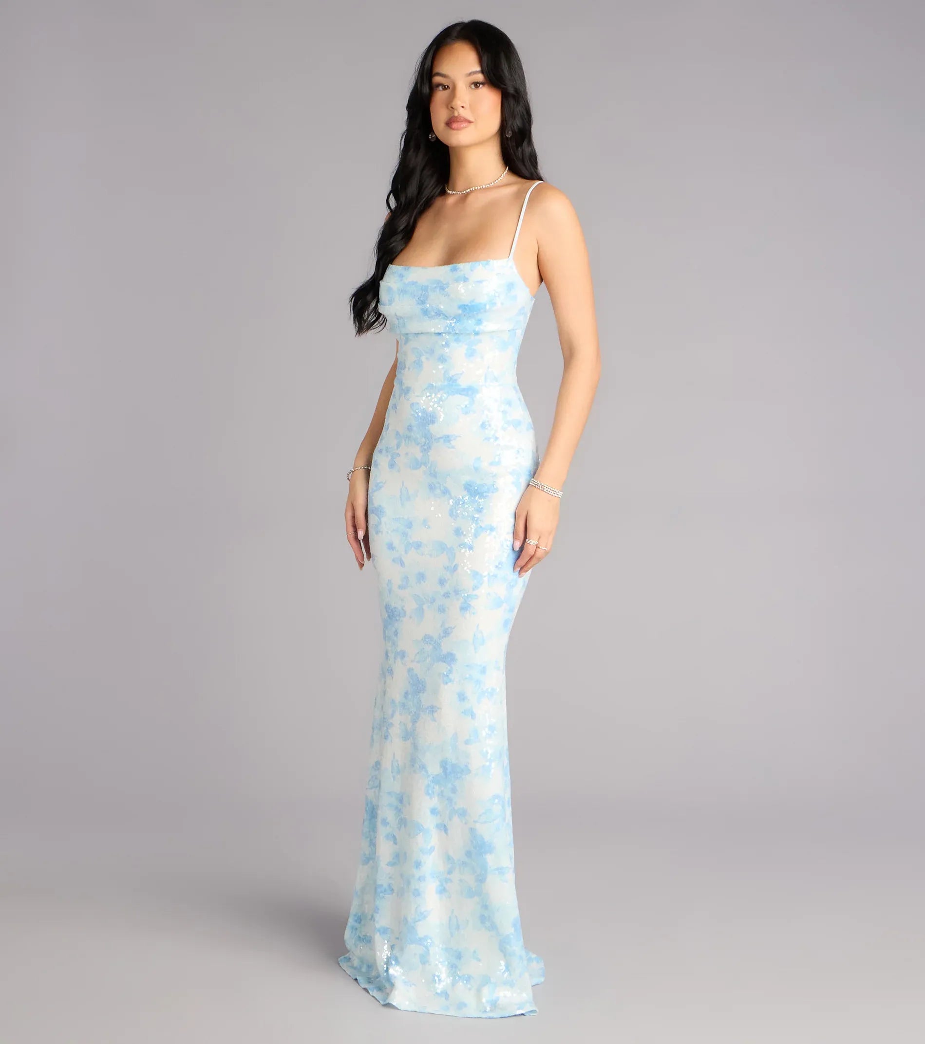 Thin Spaghetti Straight Neck Back Cutout Blue Floral Print Sequin Mermaid Maxi Wedding Guest Dress