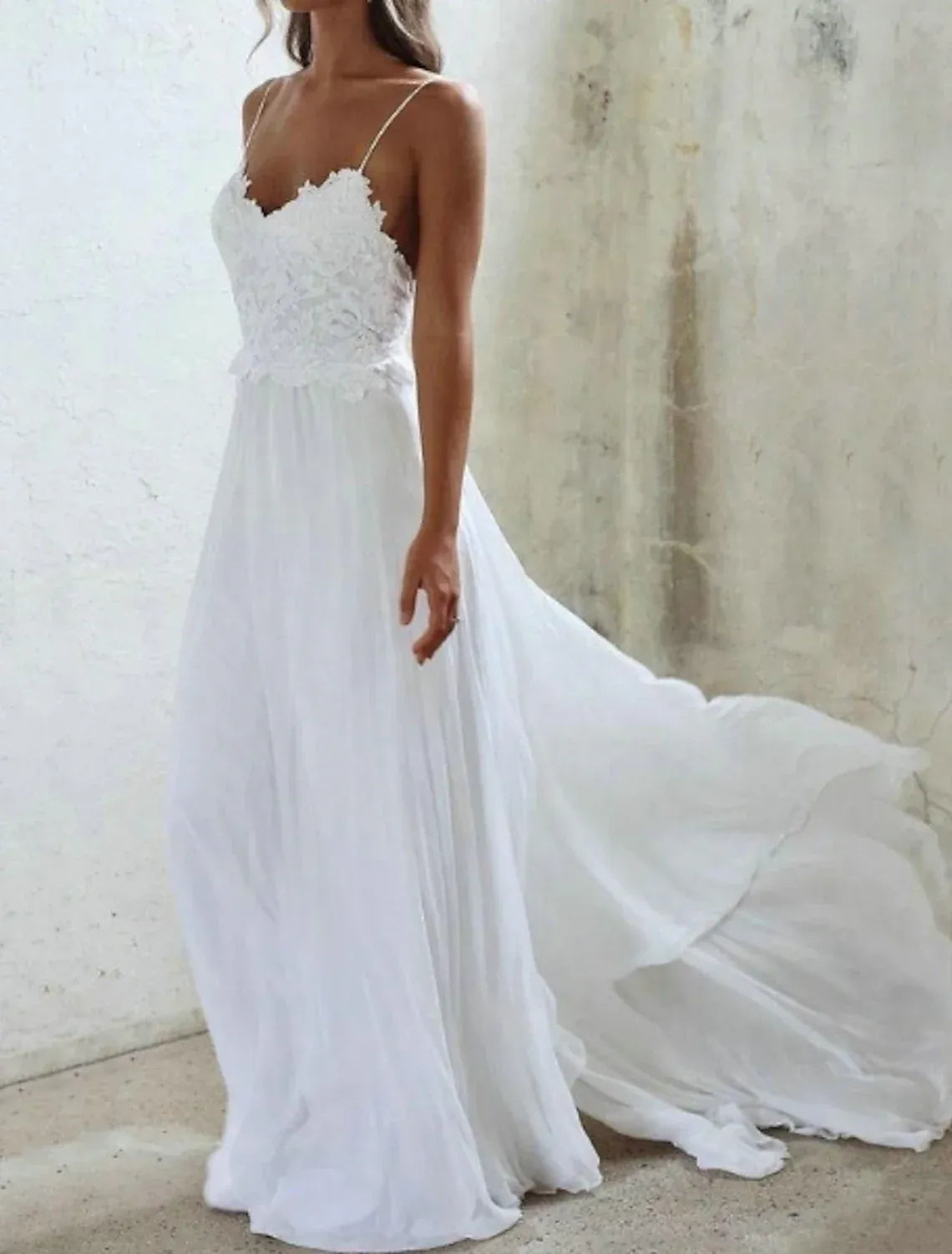 Thin Spaghetti Strap 3D Floral Lace Chiffon A Line Wedding Dress Open Back Flowy Chapel Train