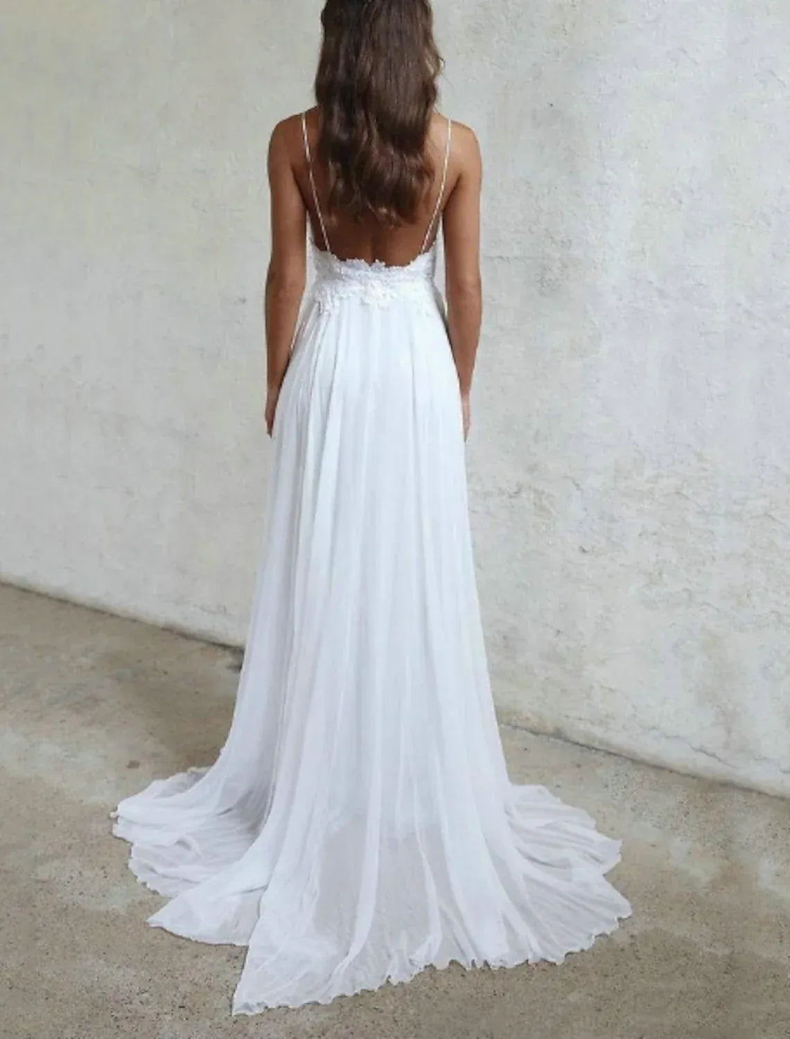 Thin Spaghetti Strap 3D Floral Lace Chiffon A Line Wedding Dress Open Back Flowy Chapel Train