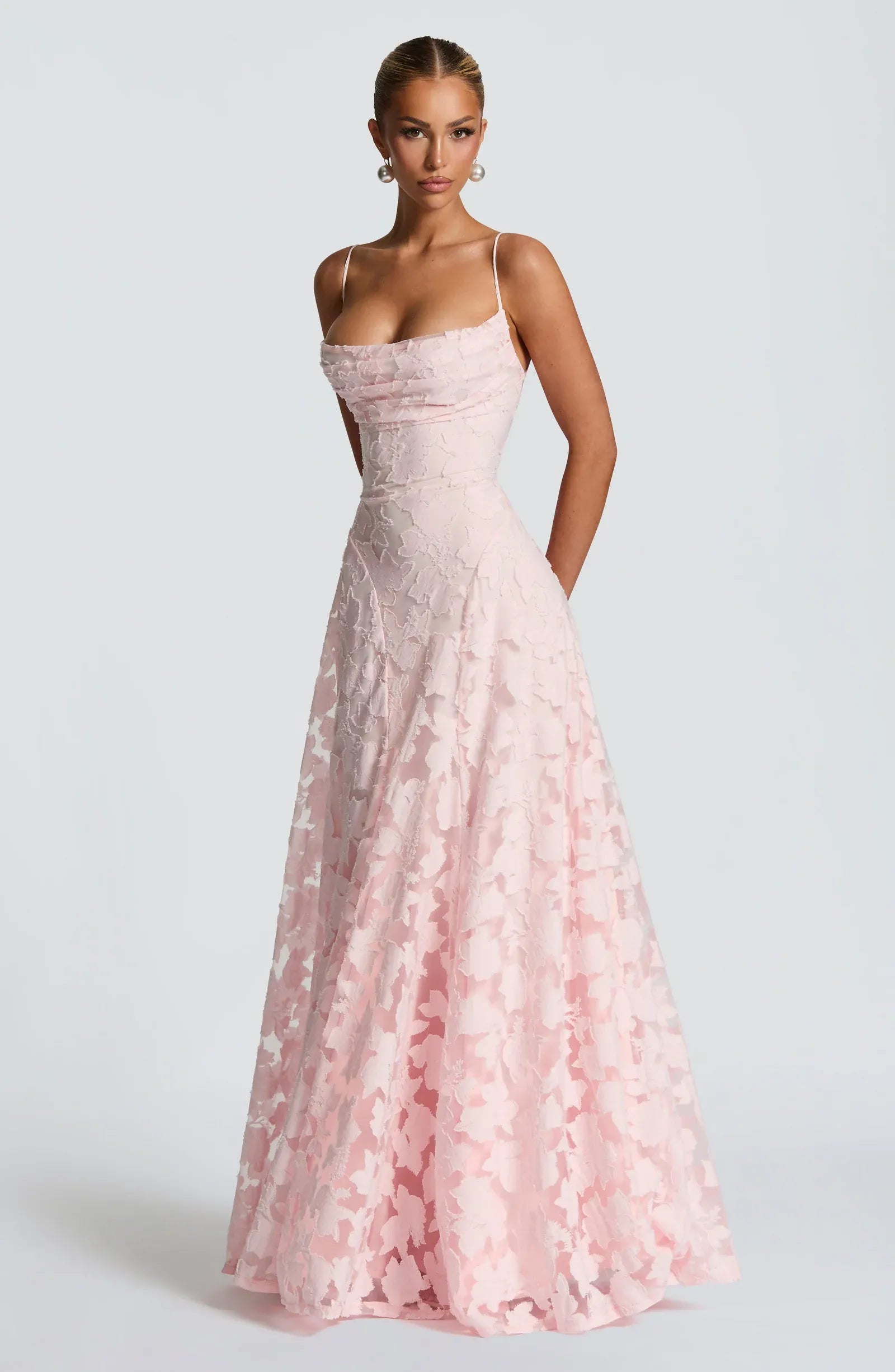 Thin Spaghetti Strap Cowl Neck 3D Floral Lace Cross Back A Line Maxi Bridesmaid Dresses