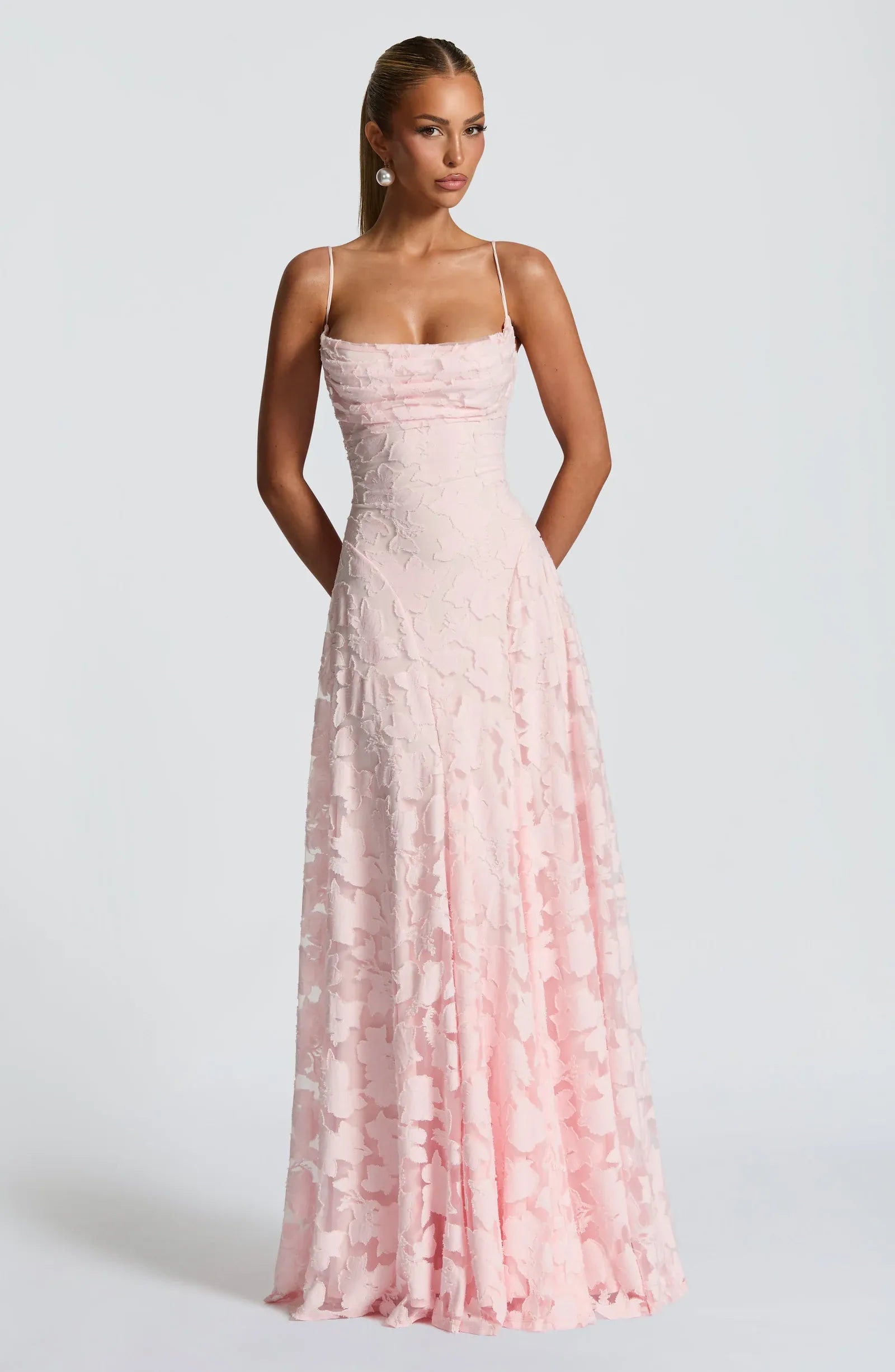 Thin Spaghetti Strap Cowl Neck 3D Floral Lace Cross Back A Line Maxi Bridesmaid Dresses
