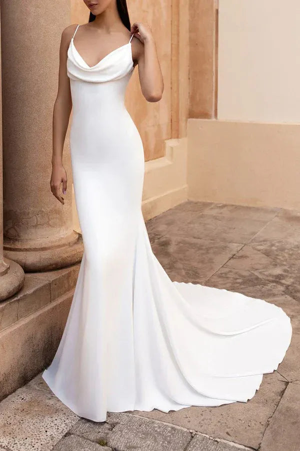 Thin Spaghetti Strap Cowl Neck Back Pearl Button Mermaid Simple Satin Wedding Dress