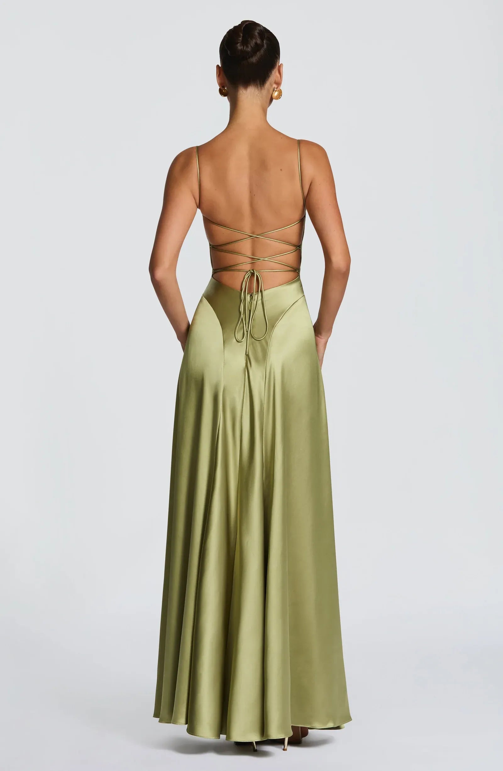 Thin Spaghetti Strap Cowl Neck Criss Cross Back Flowy A Line Olive Satin Maxi Wedding Guest Dresses
