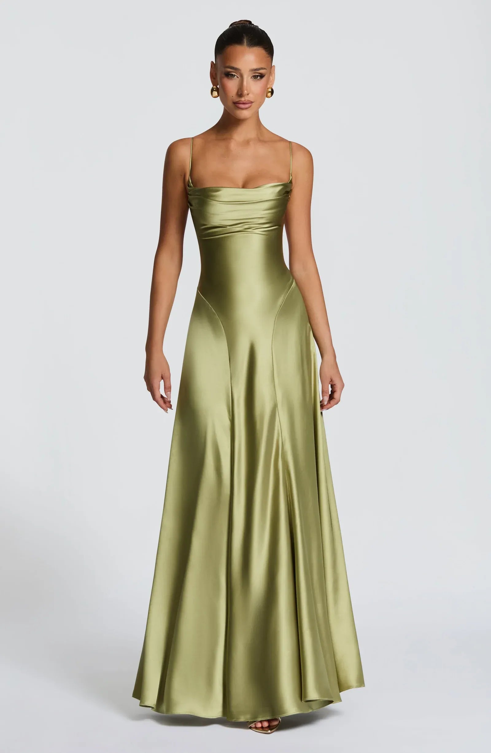 Thin Spaghetti Strap Cowl Neck Criss Cross Back Flowy A Line Olive Satin Maxi Wedding Guest Dresses