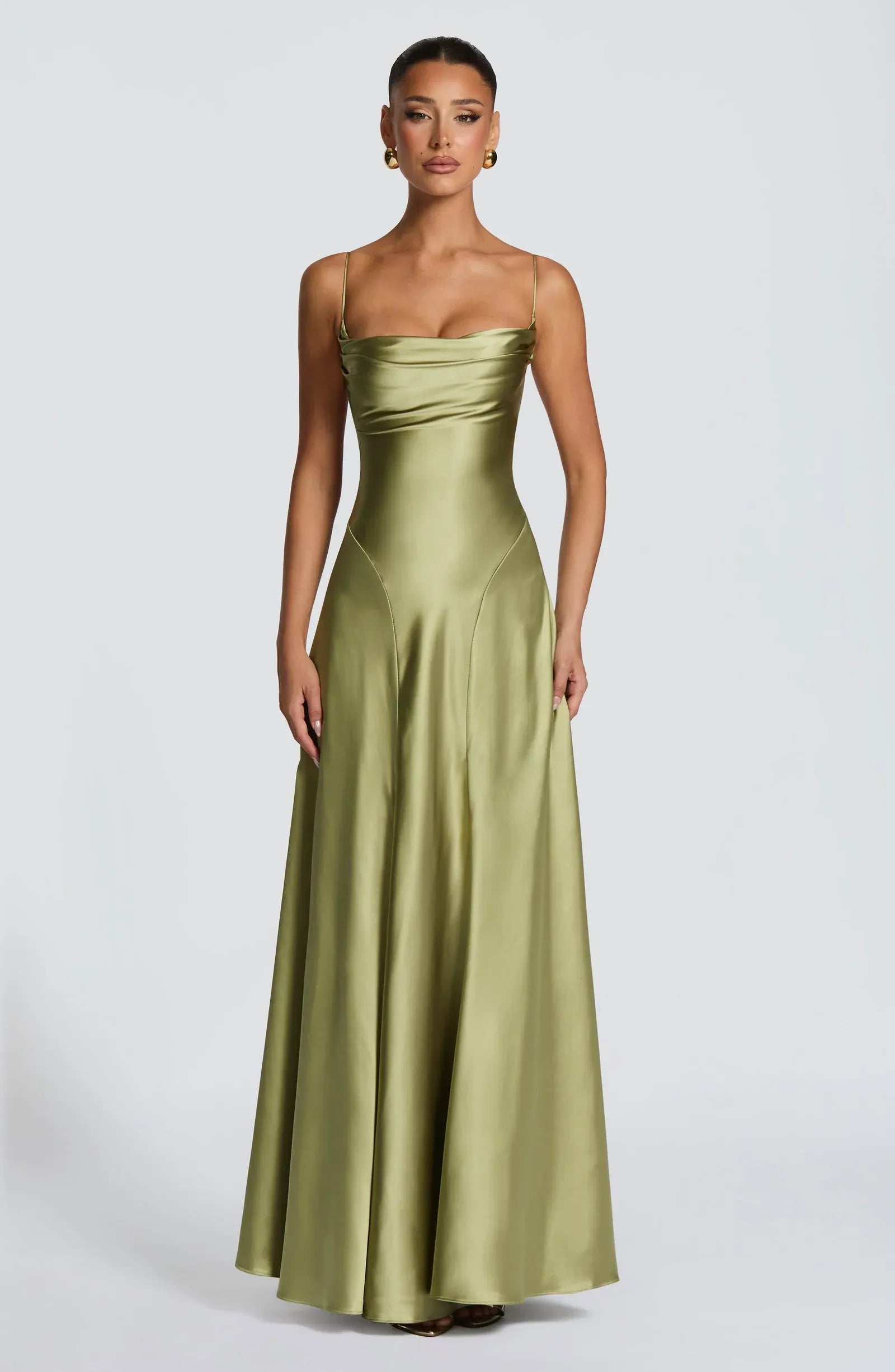 Thin Spaghetti Strap Cowl Neck Criss Cross Back Flowy A Line Olive Satin Maxi Wedding Guest Dresses