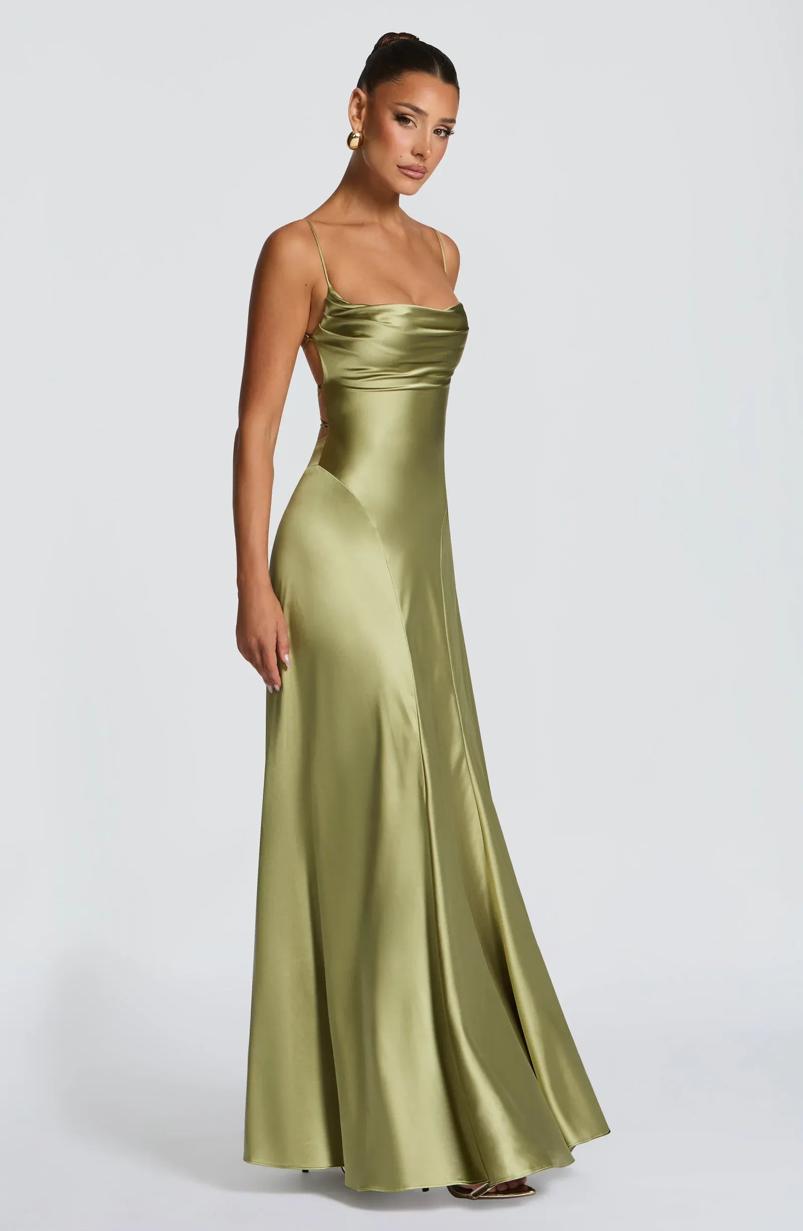 Thin Spaghetti Strap Cowl Neck Criss Cross Back Flowy A Line Olive Satin Maxi Wedding Guest Dresses