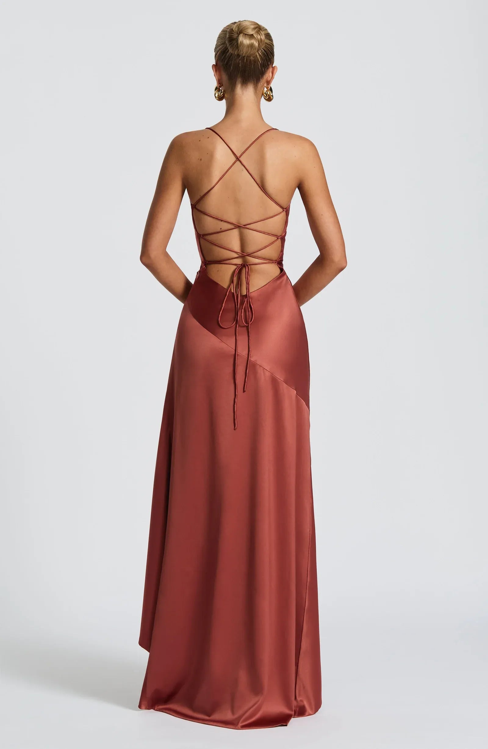 Thin Spaghetti Strap Cowl Neck Cross Back Lace Up Side Ruched High Slit Ruffle Rust Satin Mermaid Maxi Wedding Guest Dresses