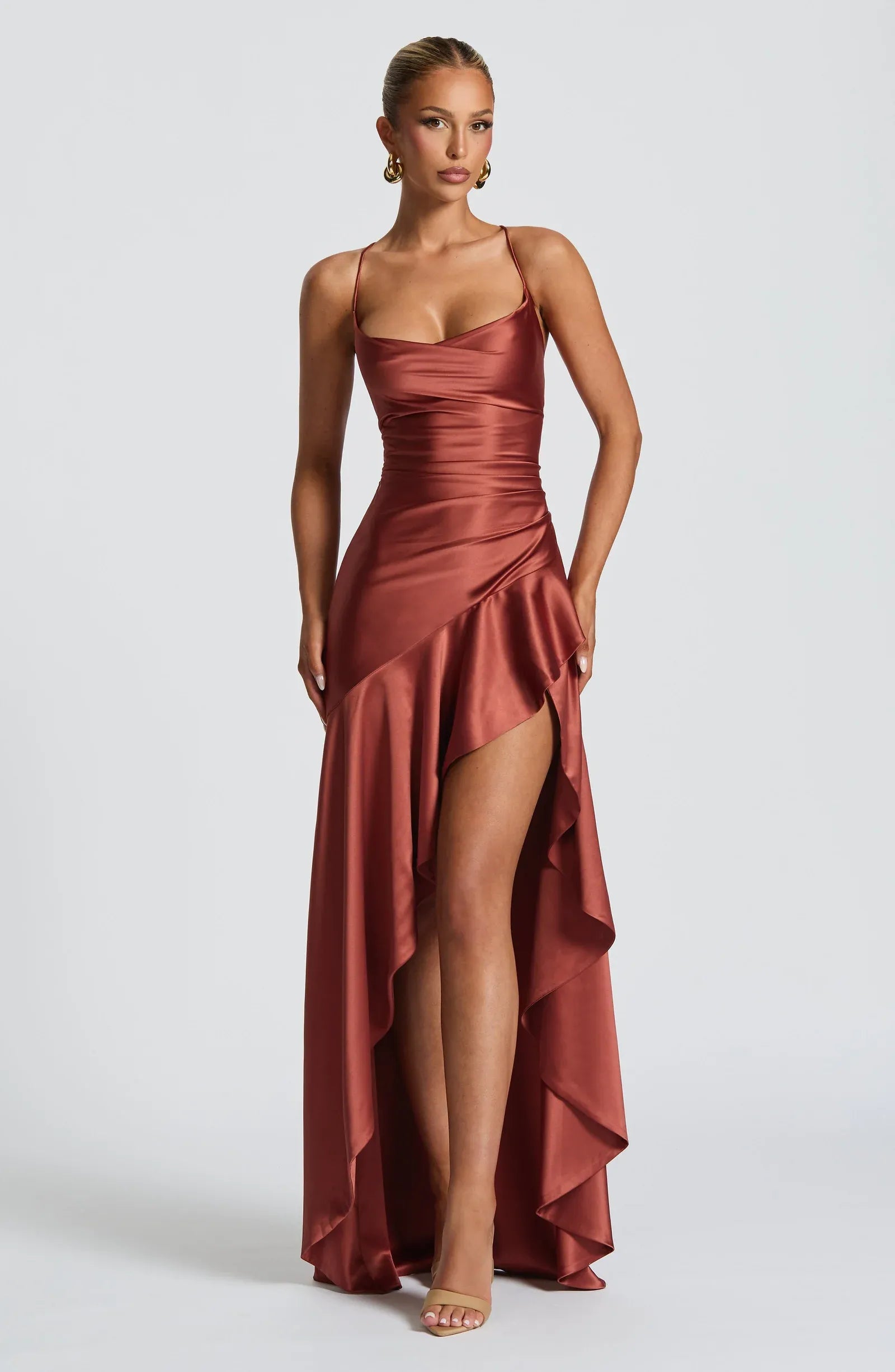 Thin Spaghetti Strap Cowl Neck Cross Back Lace Up Side Ruched High Slit Ruffle Rust Satin Mermaid Maxi Wedding Guest Dresses