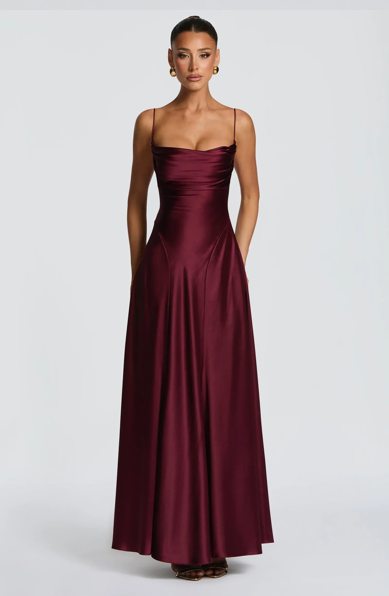 Thin Spaghetti Strap Cowl Neck Cross Lace Up Back Burgundy Satin A Line Maxi Wedding Guest Dresses