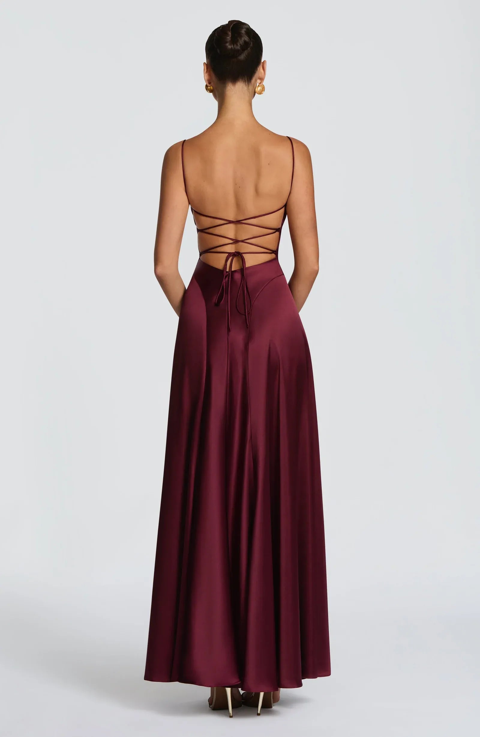 Thin Spaghetti Strap Cowl Neck Cross Lace Up Back Burgundy Satin A Line Maxi Wedding Guest Dresses