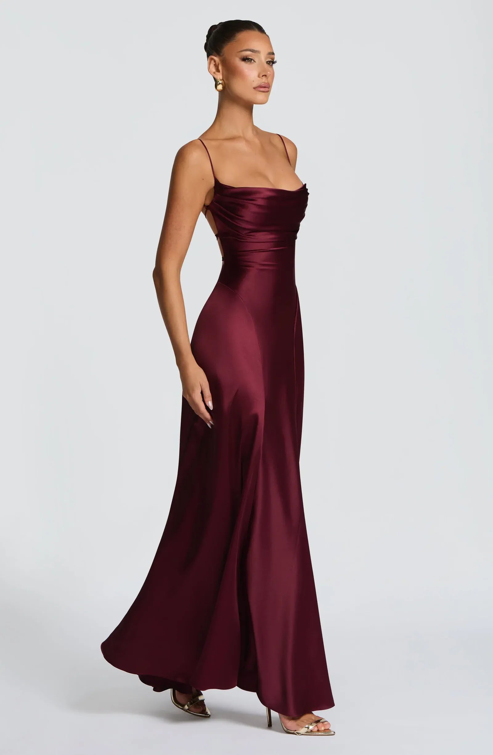 Thin Spaghetti Strap Cowl Neck Cross Lace Up Back Burgundy Satin A Line Maxi Wedding Guest Dresses