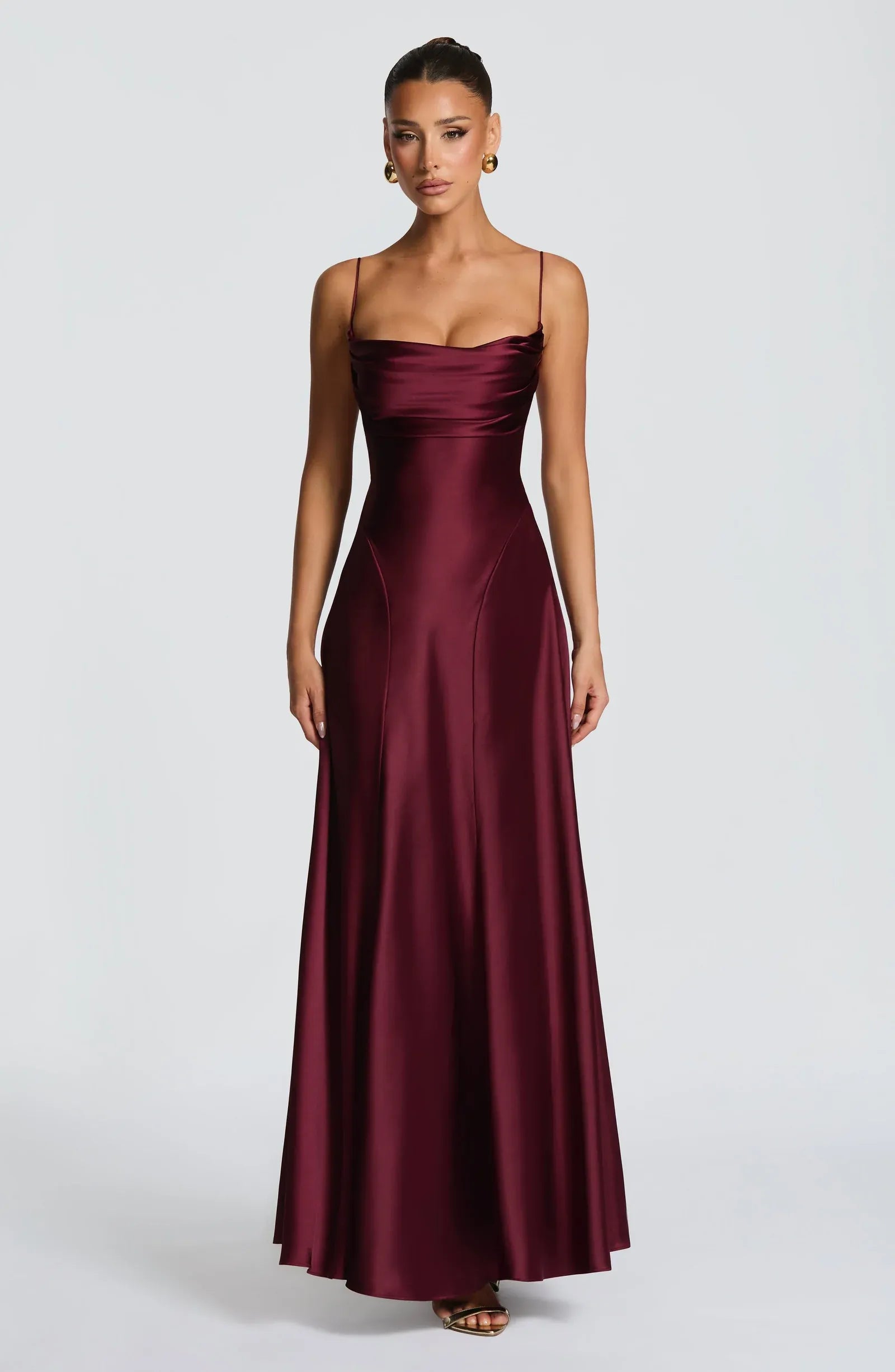 Thin Spaghetti Strap Cowl Neck Cross Lace Up Back Burgundy Satin A Line Maxi Wedding Guest Dresses