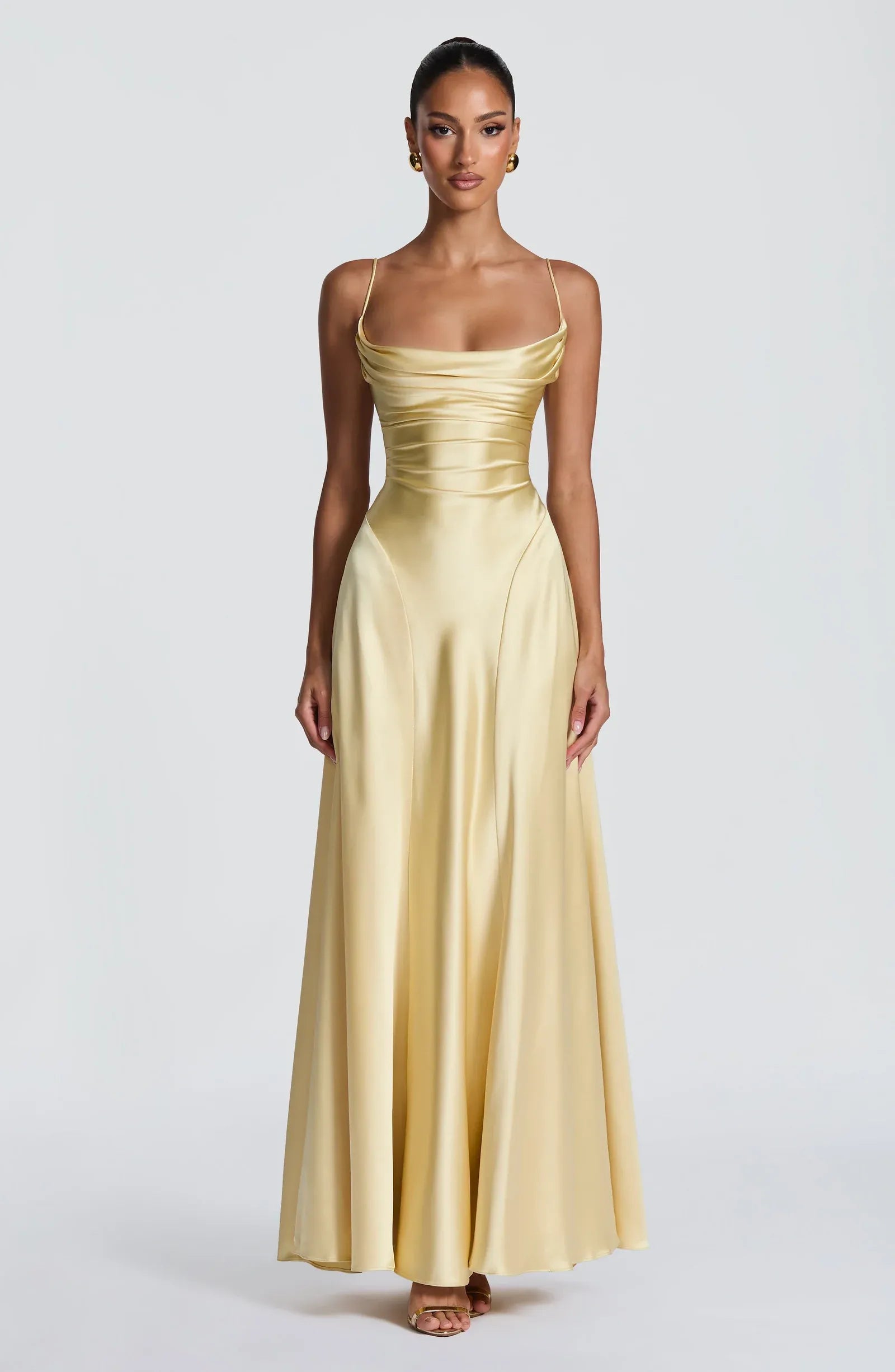 Thin Spaghetti Strap Cowl Neck Cross Lace Up Back Pale Yellow Satin A Line Maxi Wedding Guest Dresses