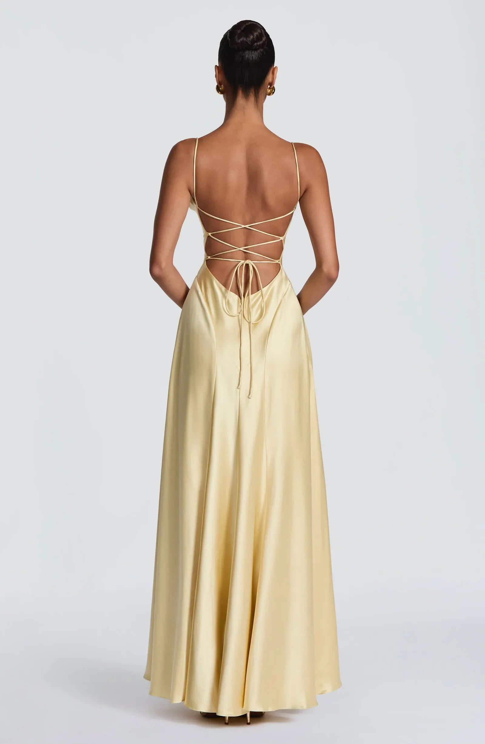 Thin Spaghetti Strap Cowl Neck Cross Lace Up Back Pale Yellow Satin A Line Maxi Wedding Guest Dresses